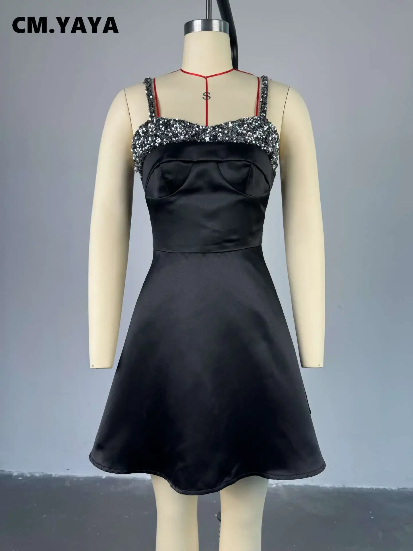 CM.YAYA Women Strapless Sleeveless Sequined Big Swing Bodycon Midi Dress 2024 INS Elegant Club Evening Sexy Party Mini Dresses