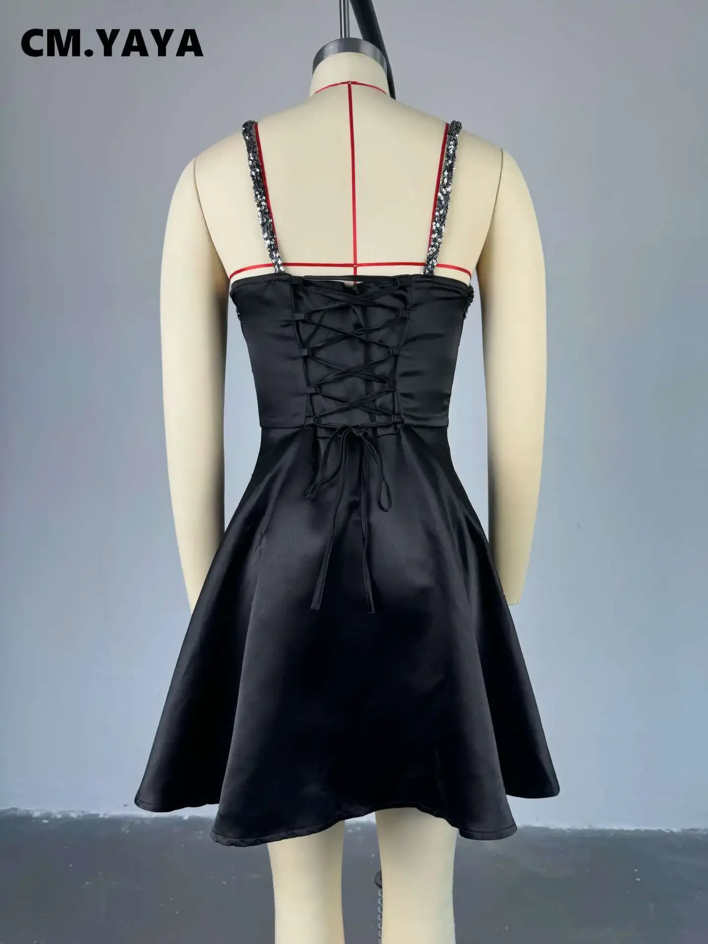 CM.YAYA Women Strapless Sleeveless Sequined Big Swing Bodycon Midi Dress 2024 INS Elegant Club Evening Sexy Party Mini Dresses