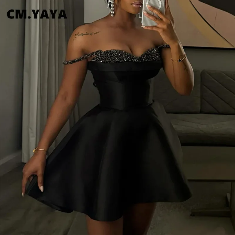 CM.YAYA Women Strapless Sleeveless Sequined Big Swing Bodycon Midi Dress 2024 INS Elegant Club Evening Sexy Party Mini Dresses