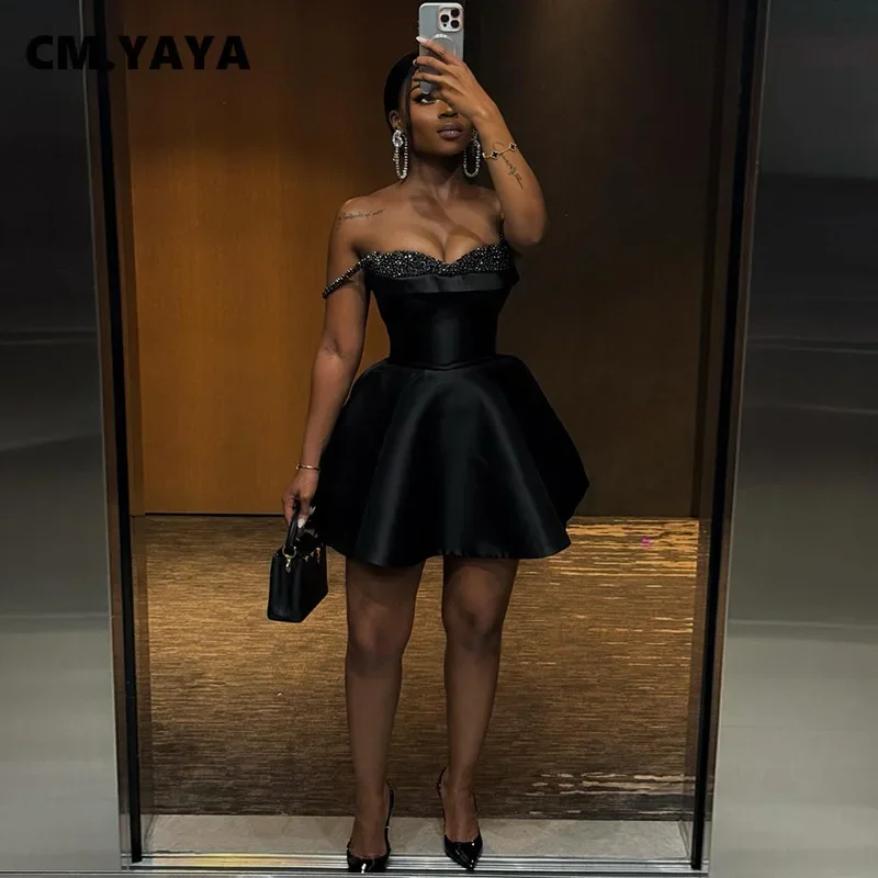 CM.YAYA Women Strapless Sleeveless Sequined Big Swing Bodycon Midi Dress 2024 INS Elegant Club Evening Sexy Party Mini Dresses