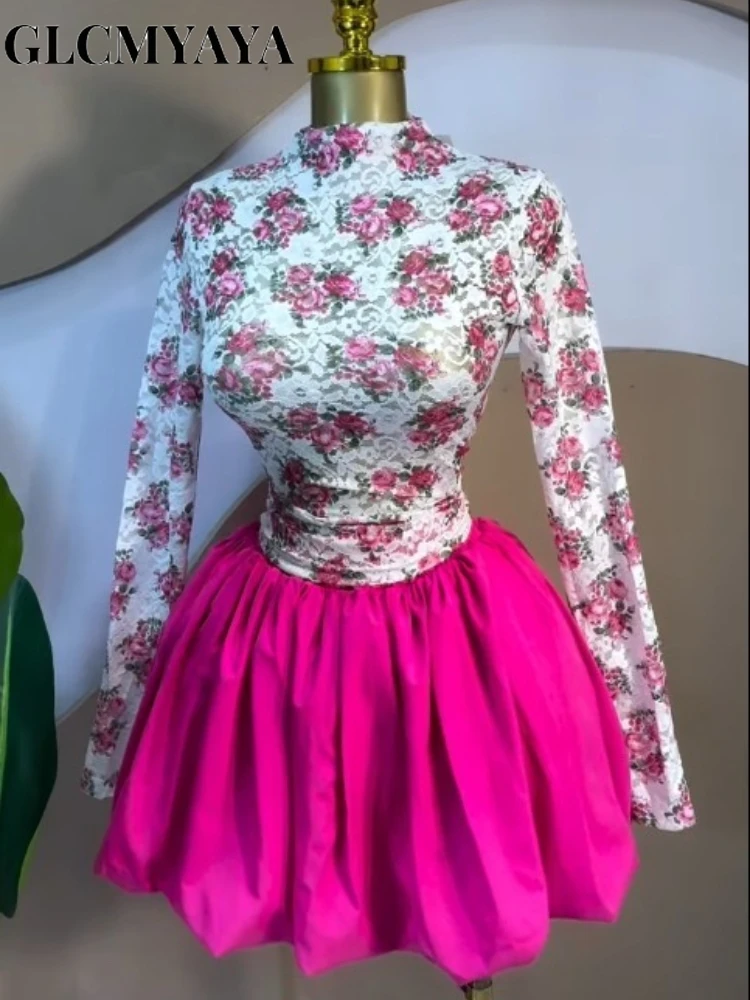 CM.YAYA Women Long Sleeve Lace Patchwork Ball Gown Smock Mini Dress 2026 Streetwear Activewear Fashion Birthday Holiday Dresses