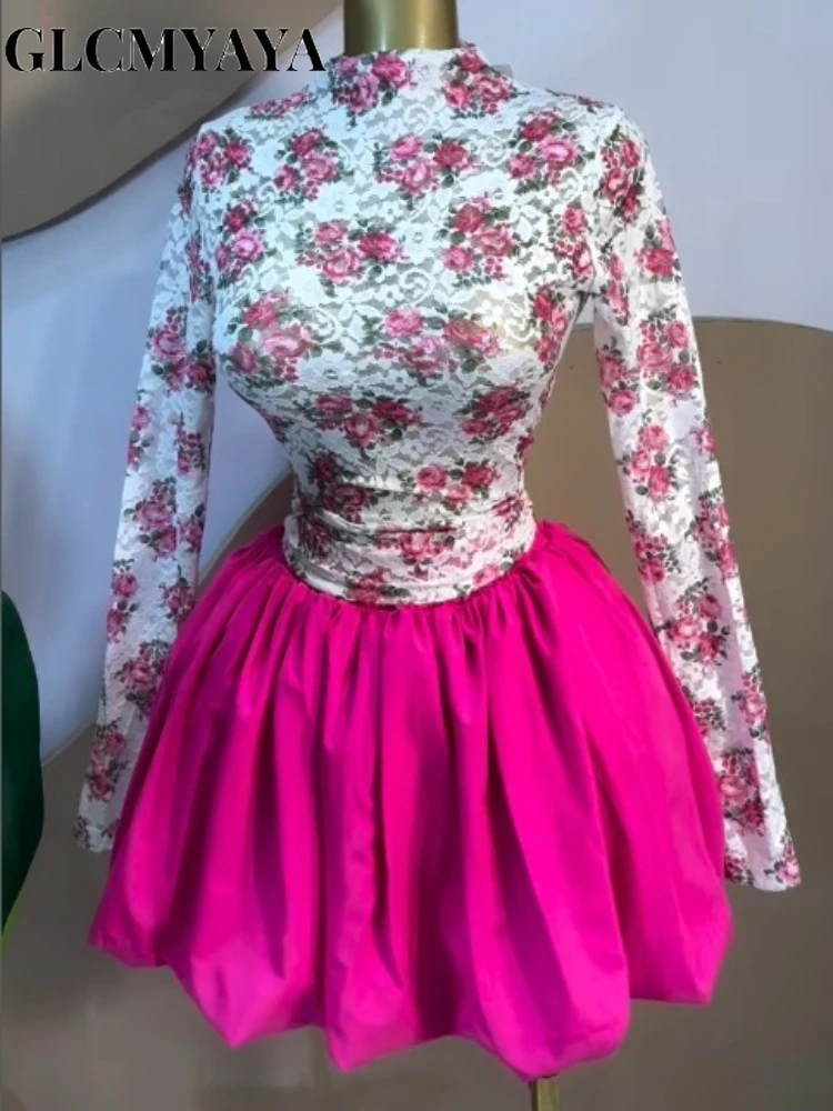 CM.YAYA Women Long Sleeve Lace Patchwork Ball Gown Smock Mini Dress 2026 Streetwear Activewear Fashion Birthday Holiday Dresses