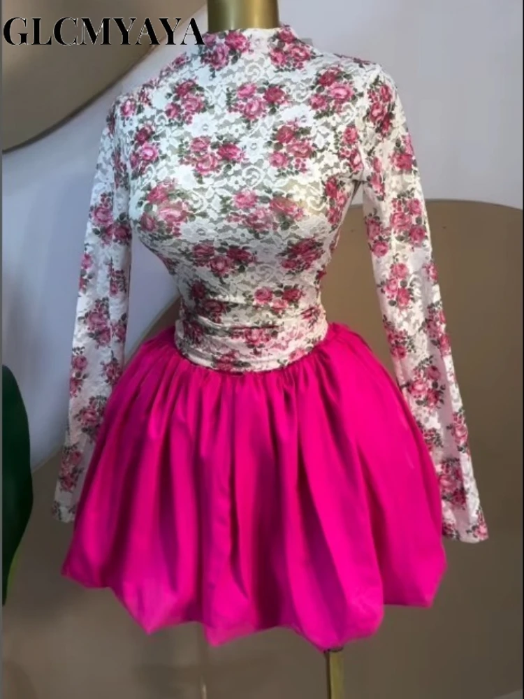 CM.YAYA Women Long Sleeve Lace Patchwork Ball Gown Smock Mini Dress 2026 Streetwear Activewear Fashion Birthday Holiday Dresses