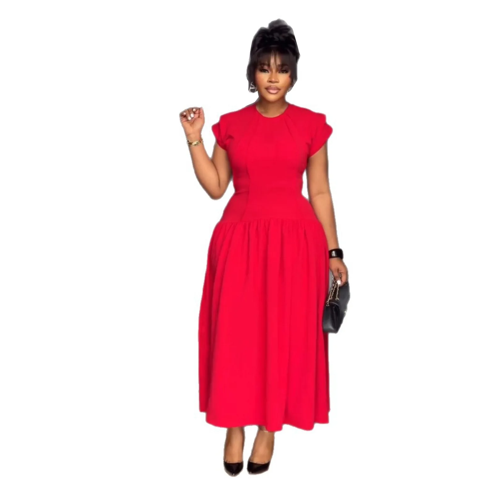 CM.YAYA Women Short Sleeve O-neck Pleated Maxi Long Dress 2025 Fall African Evening Birthday Beach Vacation Sexy Party Dresses