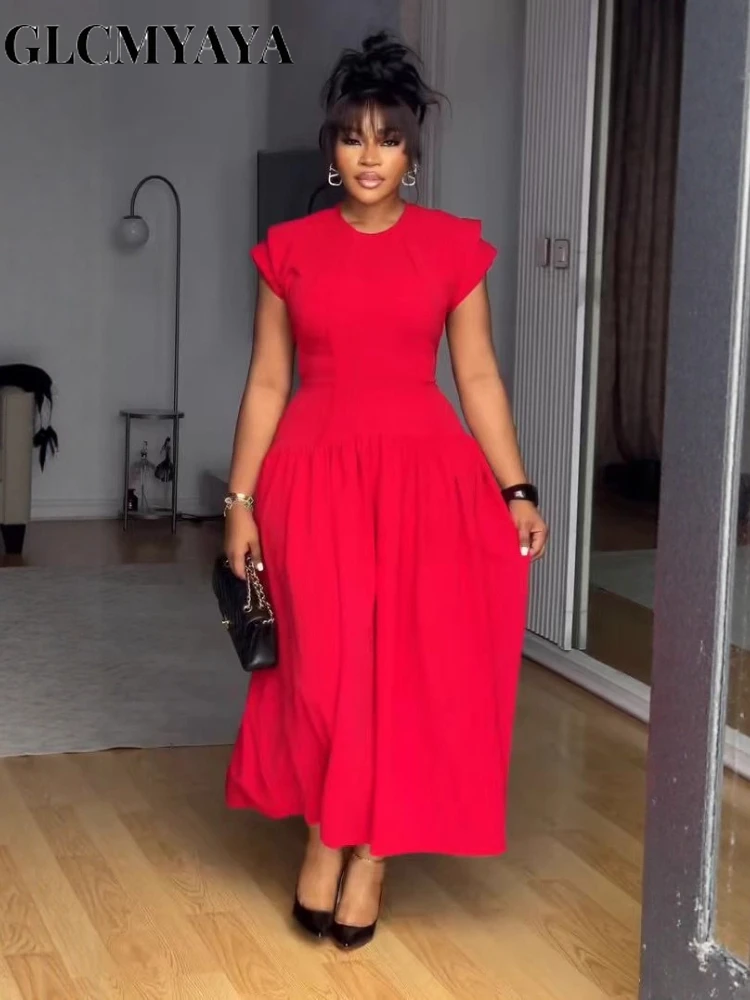 CM.YAYA Women Short Sleeve O-neck Pleated Maxi Long Dress 2025 Fall African Evening Birthday Beach Vacation Sexy Party Dresses