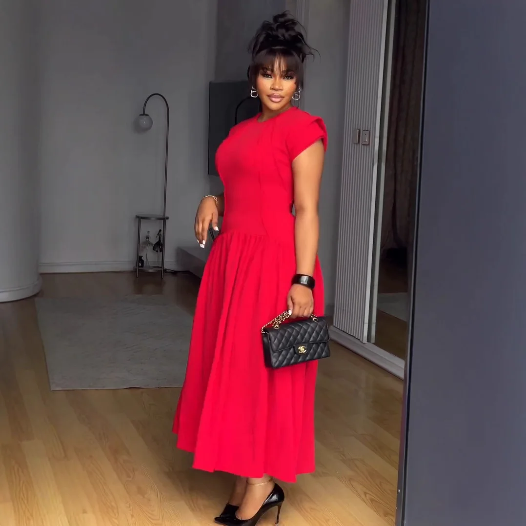 CM.YAYA Women Short Sleeve O-neck Pleated Maxi Long Dress 2025 Fall African Evening Birthday Beach Vacation Sexy Party Dresses