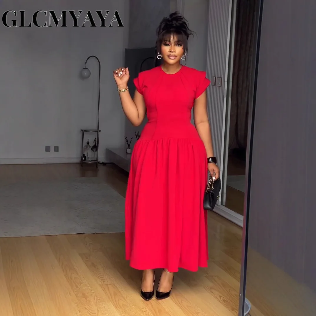 CM.YAYA Women Short Sleeve O-neck Pleated Maxi Long Dress 2025 Fall African Evening Birthday Beach Vacation Sexy Party Dresses