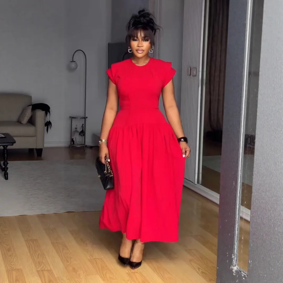 CM.YAYA Women Short Sleeve O-neck Pleated Maxi Long Dress 2025 Fall African Evening Birthday Beach Vacation Sexy Party Dresses