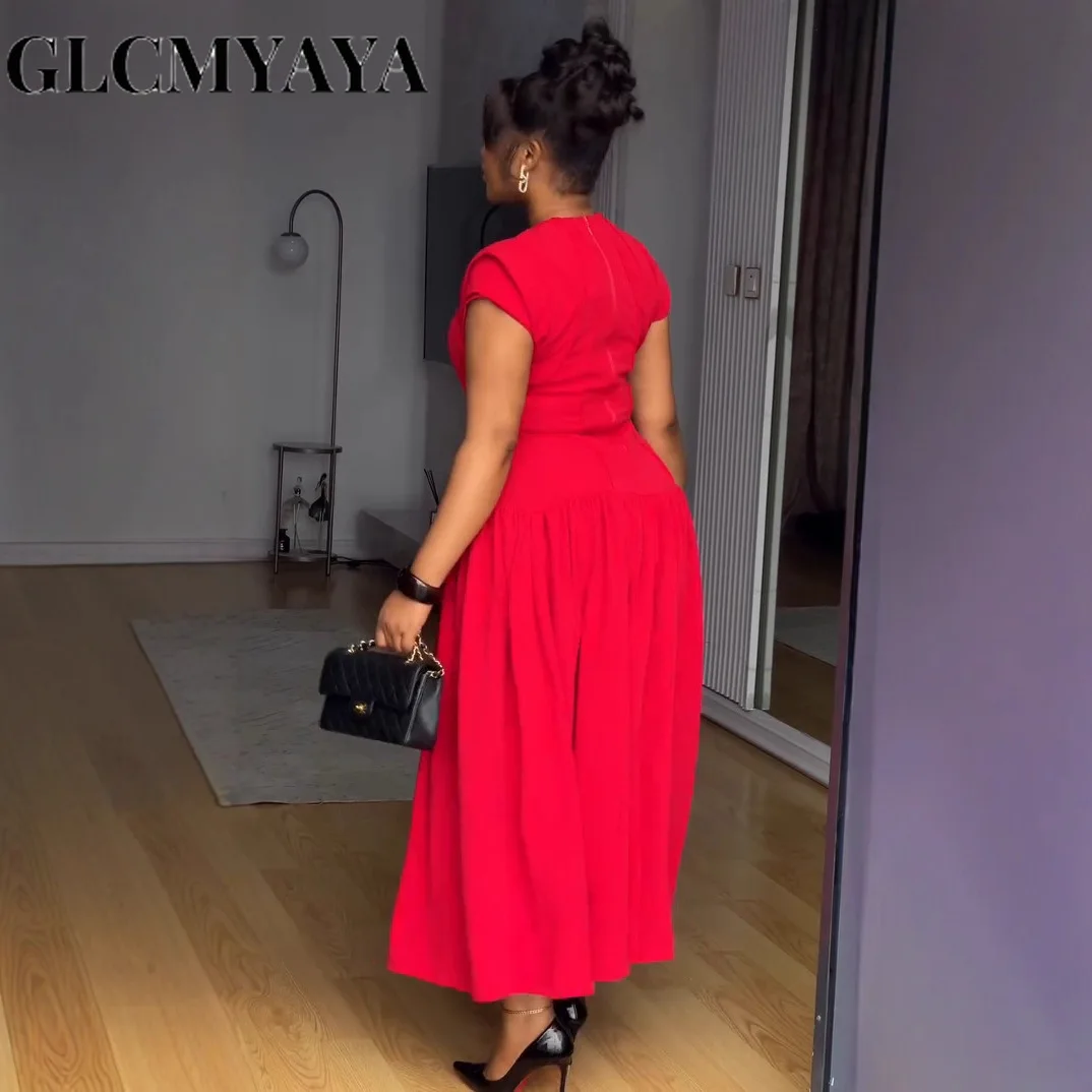 CM.YAYA Women Short Sleeve O-neck Pleated Maxi Long Dress 2025 Fall African Evening Birthday Beach Vacation Sexy Party Dresses