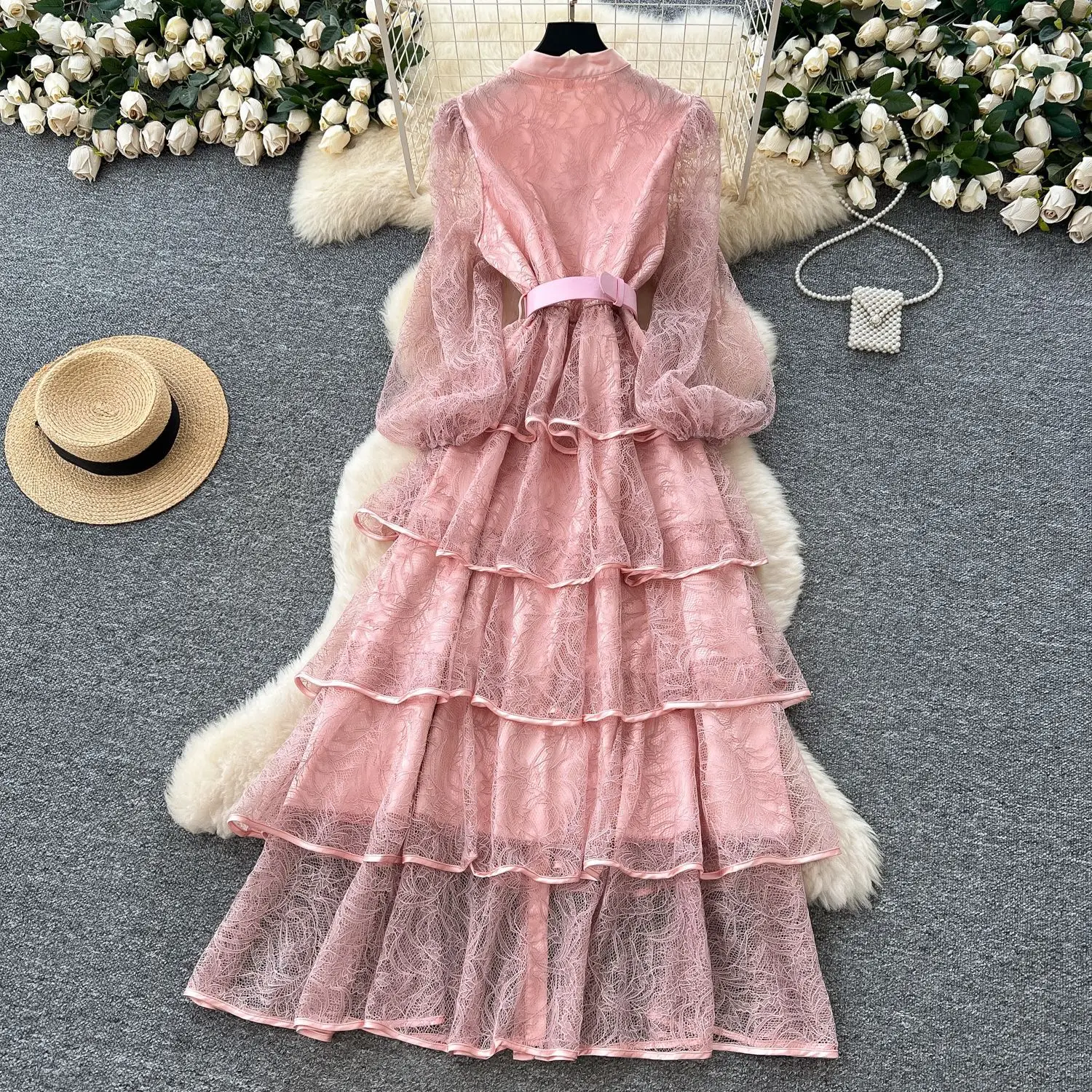 GLCMYAYA Women Lace Camcading Ruffles Tierred Big Swing Ball Gown Smock Maxi Long Dress 2025 Vacation Sexy Party Vestido Dresses