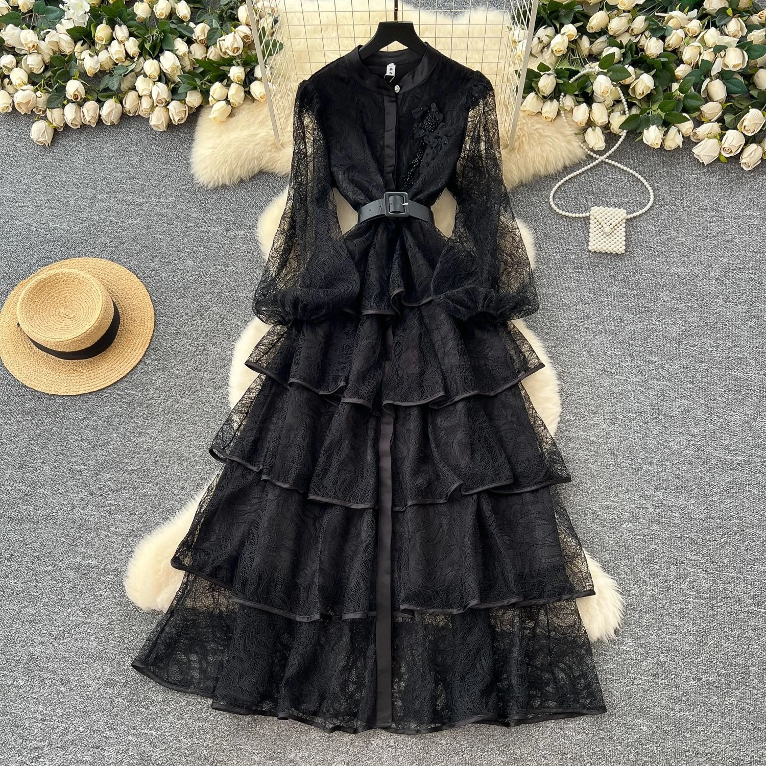 GLCMYAYA Women Lace Camcading Ruffles Tierred Big Swing Ball Gown Smock Maxi Long Dress 2025 Vacation Sexy Party Vestido Dresses