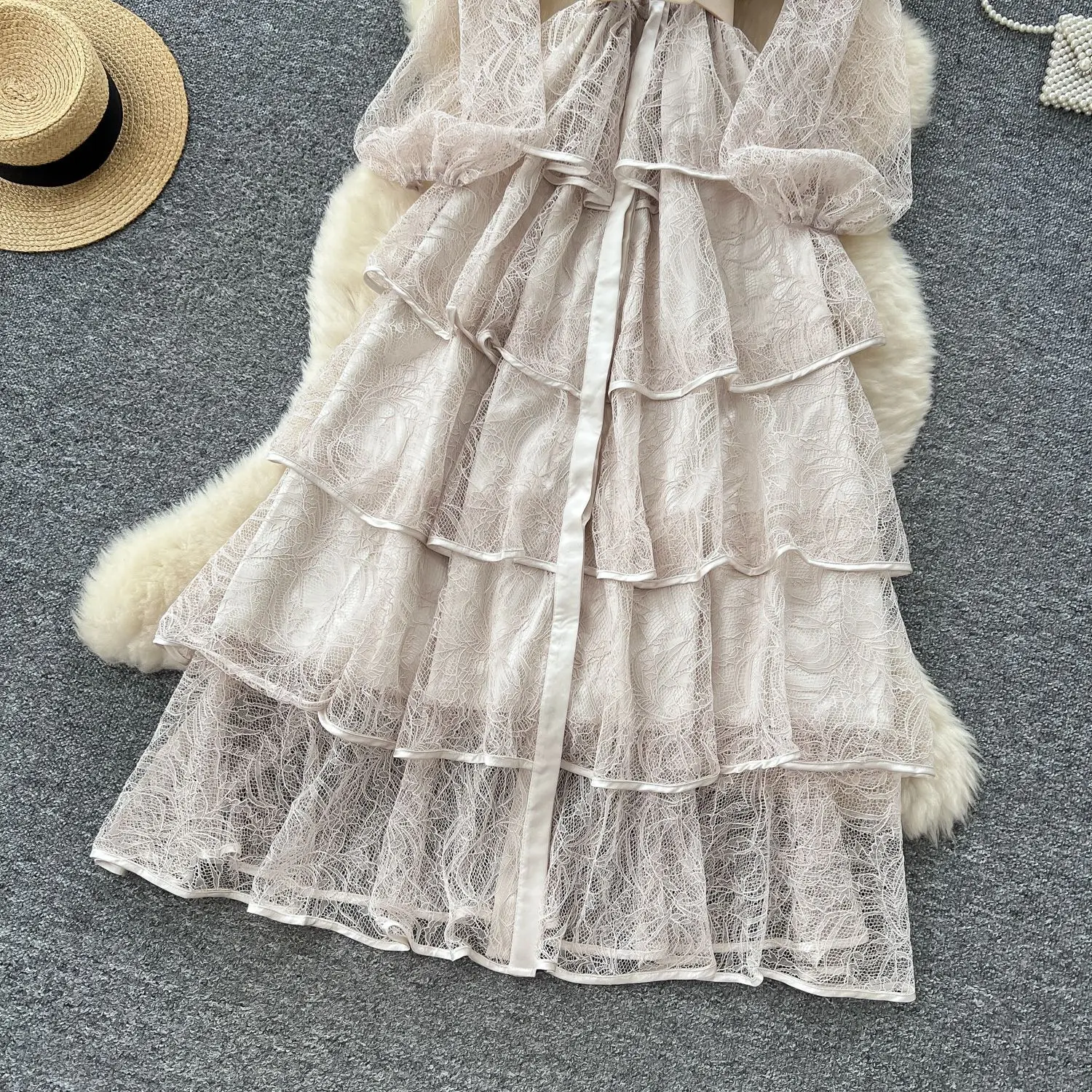 GLCMYAYA Women Lace Camcading Ruffles Tierred Big Swing Ball Gown Smock Maxi Long Dress 2025 Vacation Sexy Party Vestido Dresses