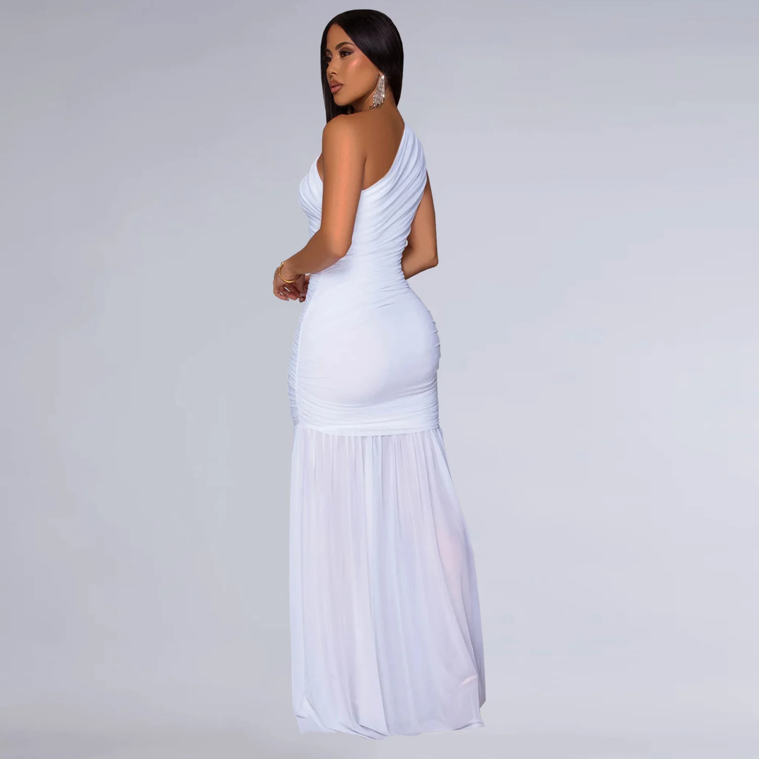 CM.YAYA Women Sleeveless Oblique Shoulder Mesh Ruched Long Maxi Dress 2025 Streetwear Evening Birthday Party Dresses Vestidos