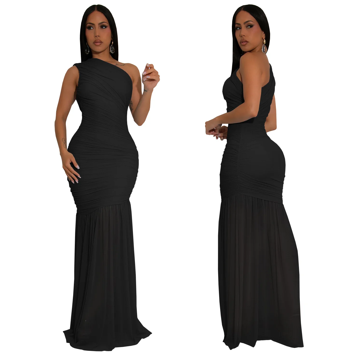 CM.YAYA Women Sleeveless Oblique Shoulder Mesh Ruched Long Maxi Dress 2025 Streetwear Evening Birthday Party Dresses Vestidos