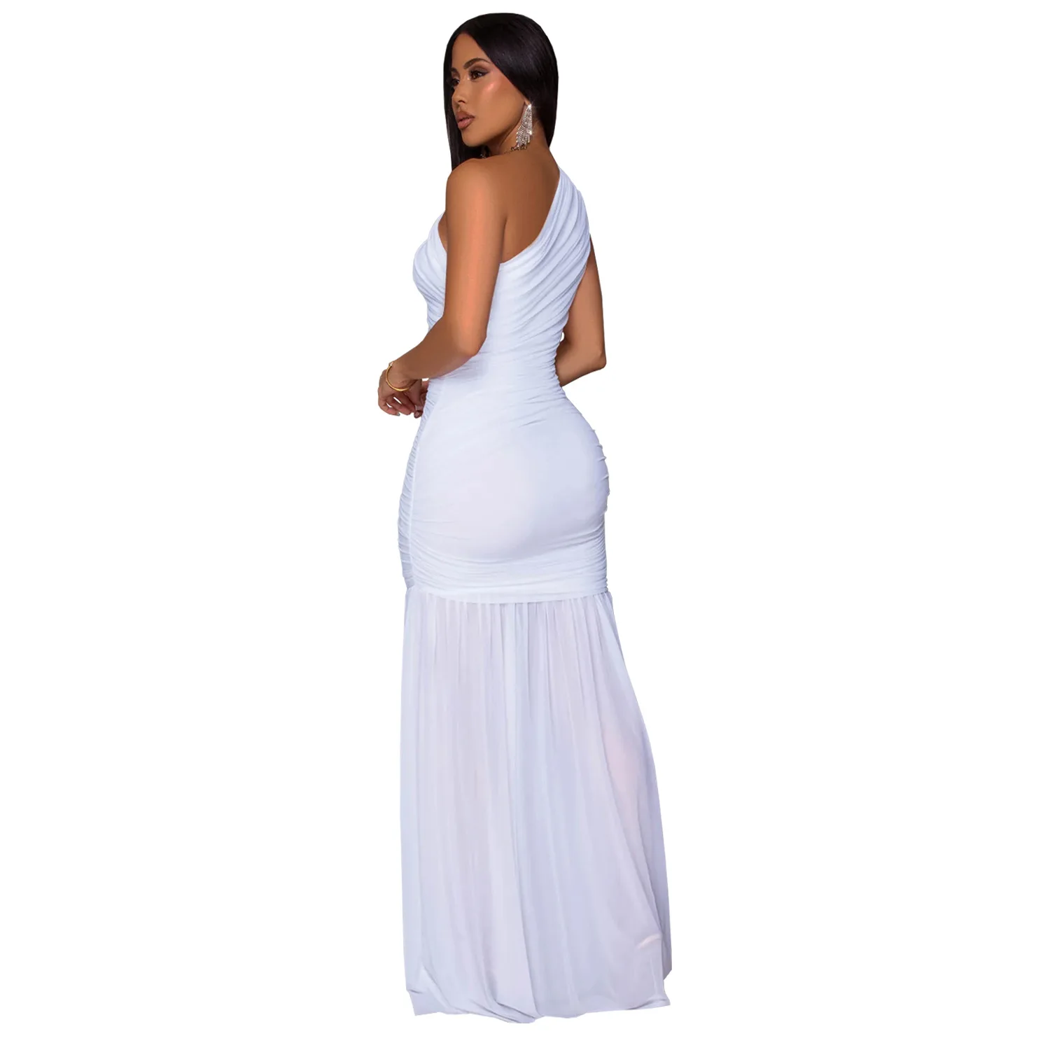 CM.YAYA Women Sleeveless Oblique Shoulder Mesh Ruched Long Maxi Dress 2025 Streetwear Evening Birthday Party Dresses Vestidos