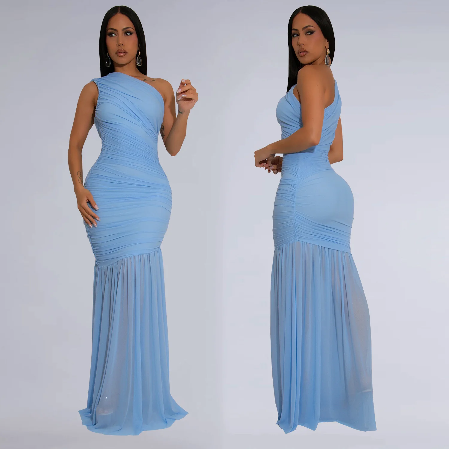 CM.YAYA Women Sleeveless Oblique Shoulder Mesh Ruched Long Maxi Dress 2025 Streetwear Evening Birthday Party Dresses Vestidos