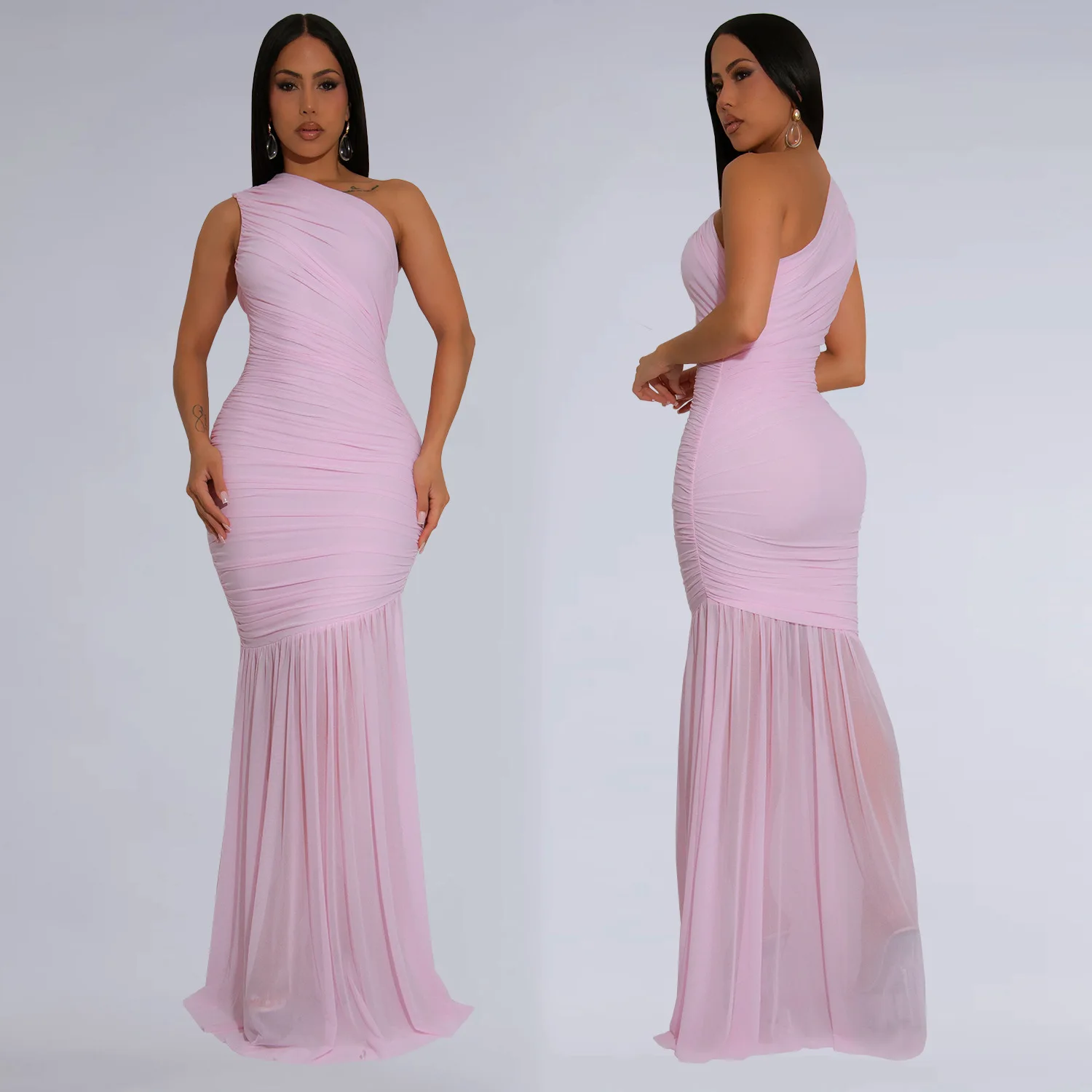 CM.YAYA Women Sleeveless Oblique Shoulder Mesh Ruched Long Maxi Dress 2025 Streetwear Evening Birthday Party Dresses Vestidos