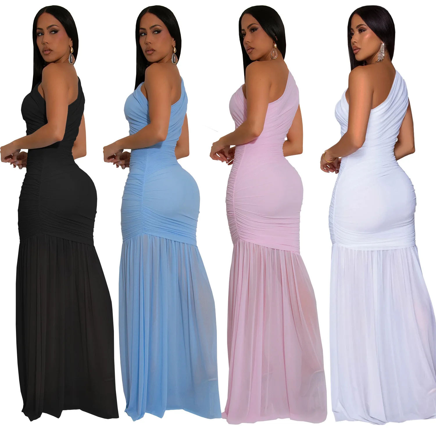 CM.YAYA Women Sleeveless Oblique Shoulder Mesh Ruched Long Maxi Dress 2025 Streetwear Evening Birthday Party Dresses Vestidos