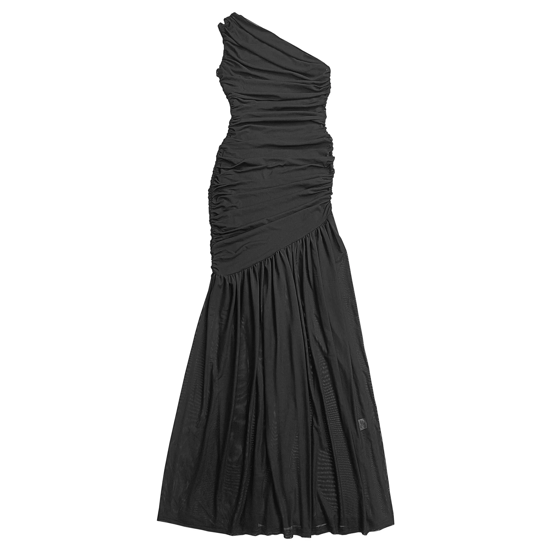 CM.YAYA Women Sleeveless Oblique Shoulder Mesh Ruched Long Maxi Dress 2025 Streetwear Evening Birthday Party Dresses Vestidos