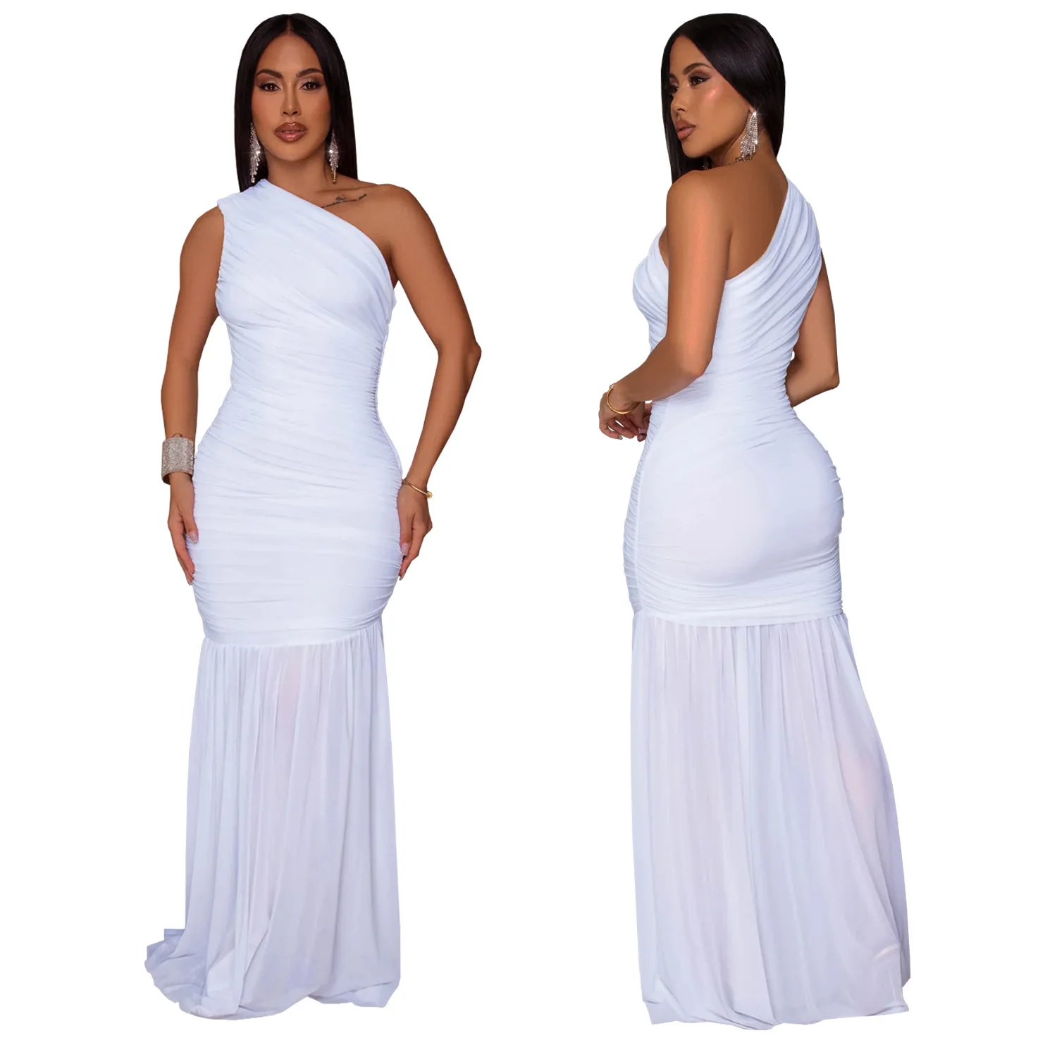 CM.YAYA Women Sleeveless Oblique Shoulder Mesh Ruched Long Maxi Dress 2025 Streetwear Evening Birthday Party Dresses Vestidos