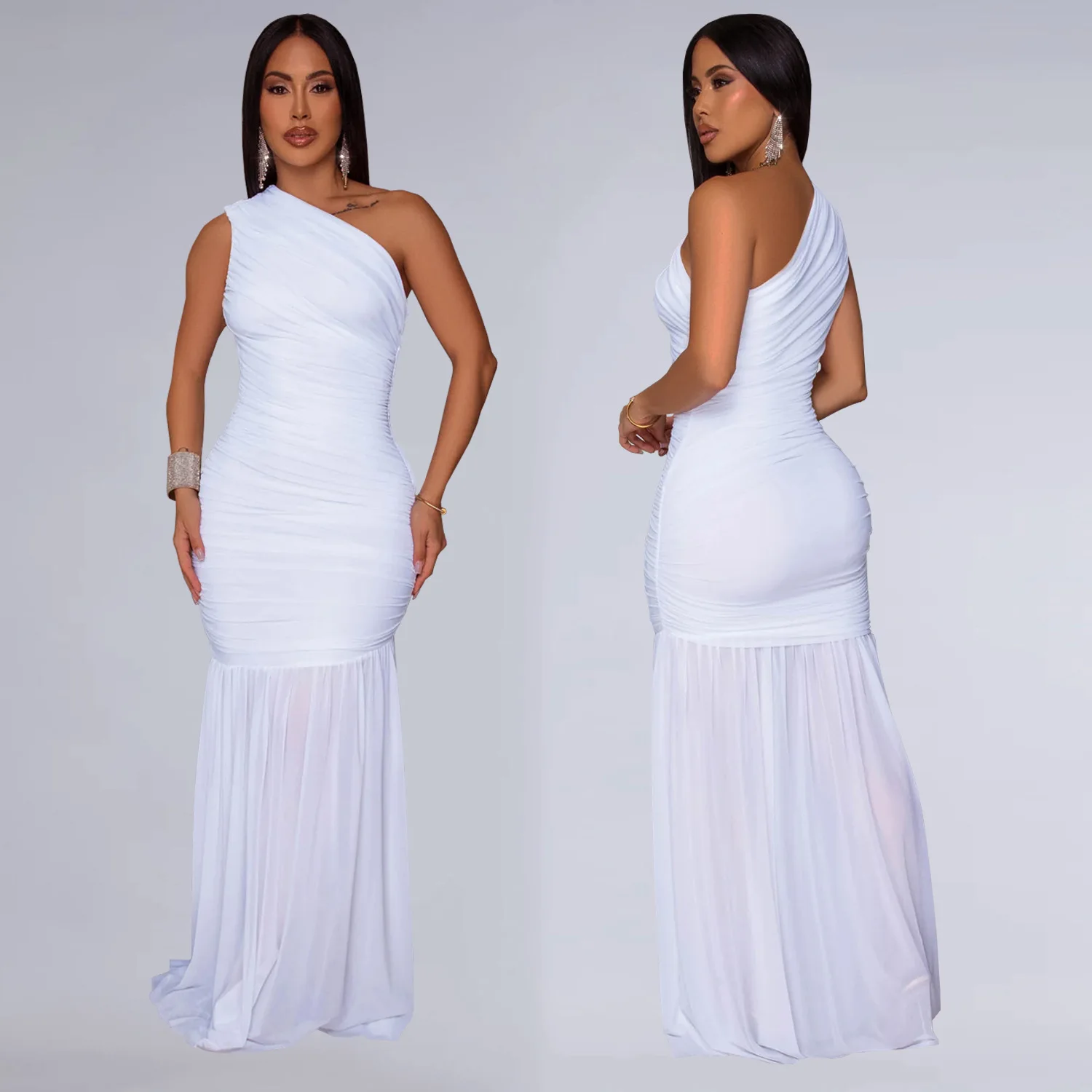 CM.YAYA Women Sleeveless Oblique Shoulder Mesh Ruched Long Maxi Dress 2025 Streetwear Evening Birthday Party Dresses Vestidos