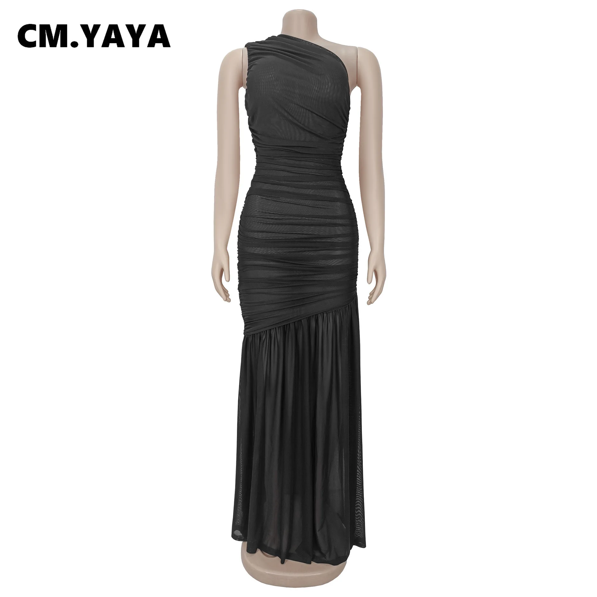 CM.YAYA Women Sleeveless Oblique Shoulder Mesh Ruched Long Maxi Dress 2025 Streetwear Evening Birthday Party Dresses Vestidos