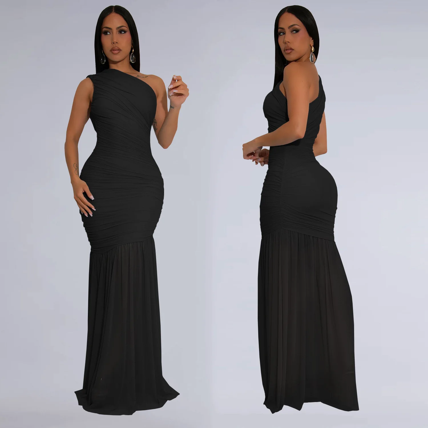 CM.YAYA Women Sleeveless Oblique Shoulder Mesh Ruched Long Maxi Dress 2025 Streetwear Evening Birthday Party Dresses Vestidos