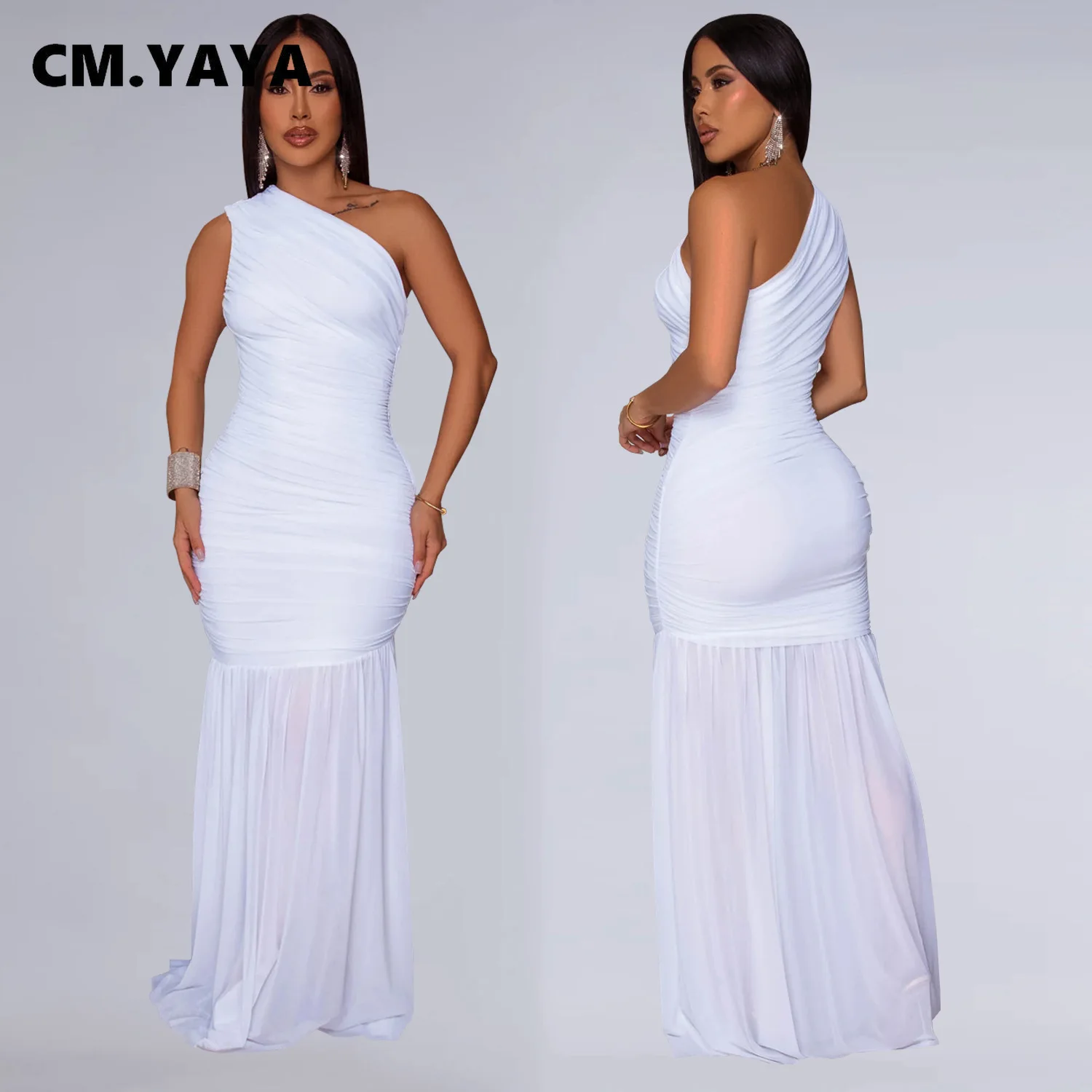 CM.YAYA Women Sleeveless Oblique Shoulder Mesh Ruched Long Maxi Dress 2025 Streetwear Evening Birthday Party Dresses Vestidos