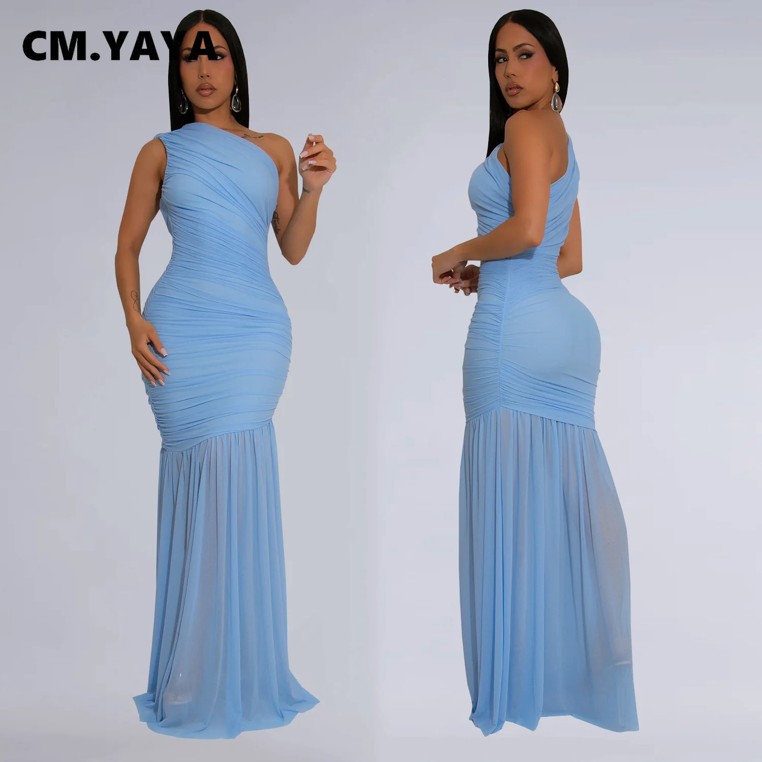 CM.YAYA Women Sleeveless Oblique Shoulder Mesh Ruched Long Maxi Dress 2025 Streetwear Evening Birthday Party Dresses Vestidos