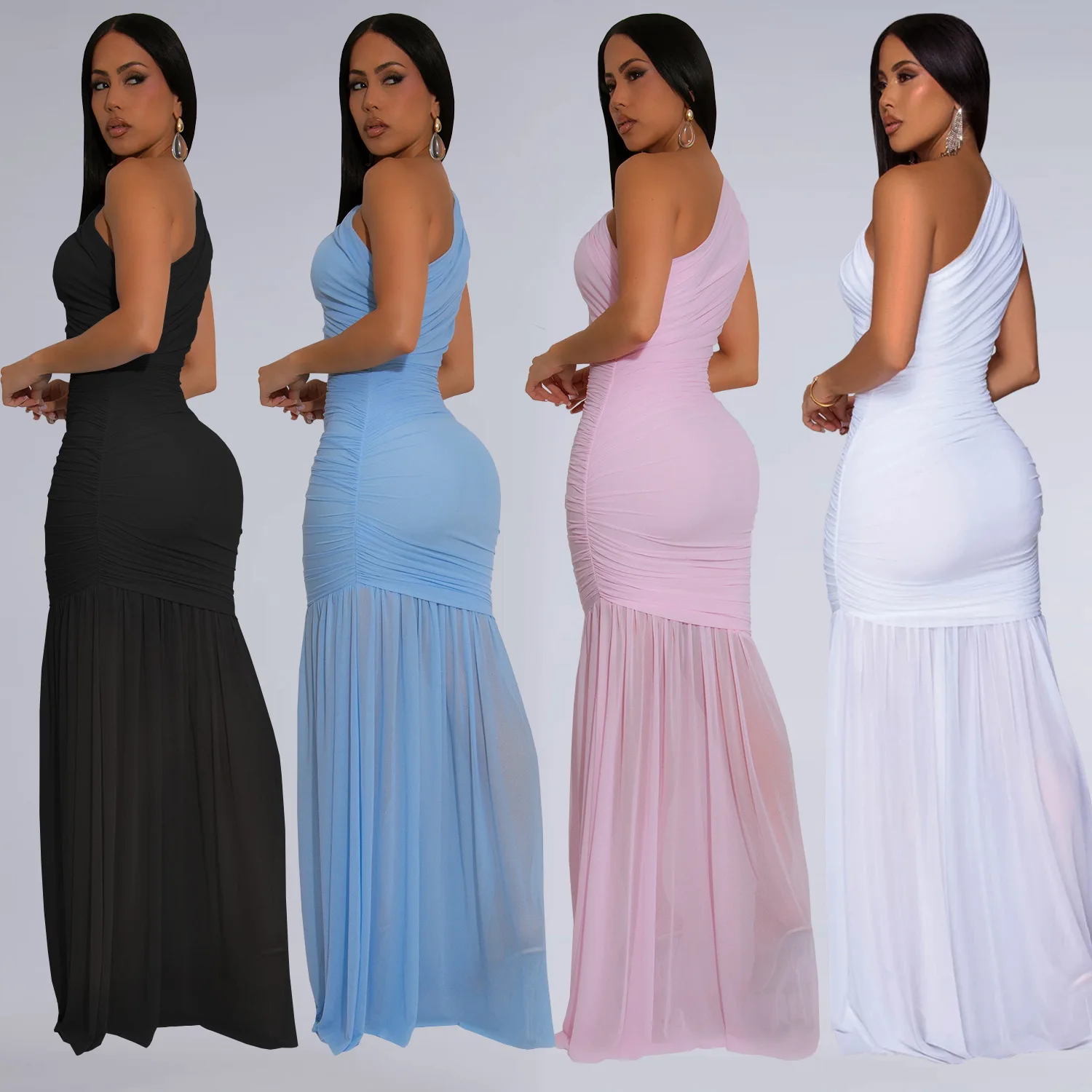 CM.YAYA Women Sleeveless Oblique Shoulder Mesh Ruched Long Maxi Dress 2025 Streetwear Evening Birthday Party Dresses Vestidos