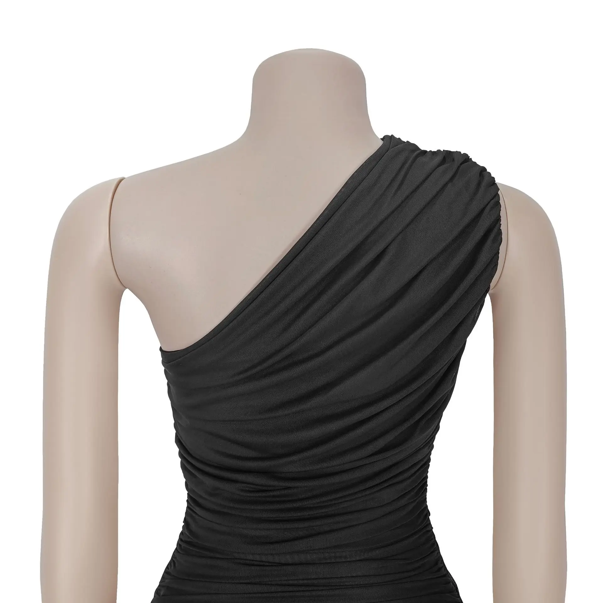 CM.YAYA Women Sleeveless Oblique Shoulder Mesh Ruched Long Maxi Dress 2025 Streetwear Evening Birthday Party Dresses Vestidos