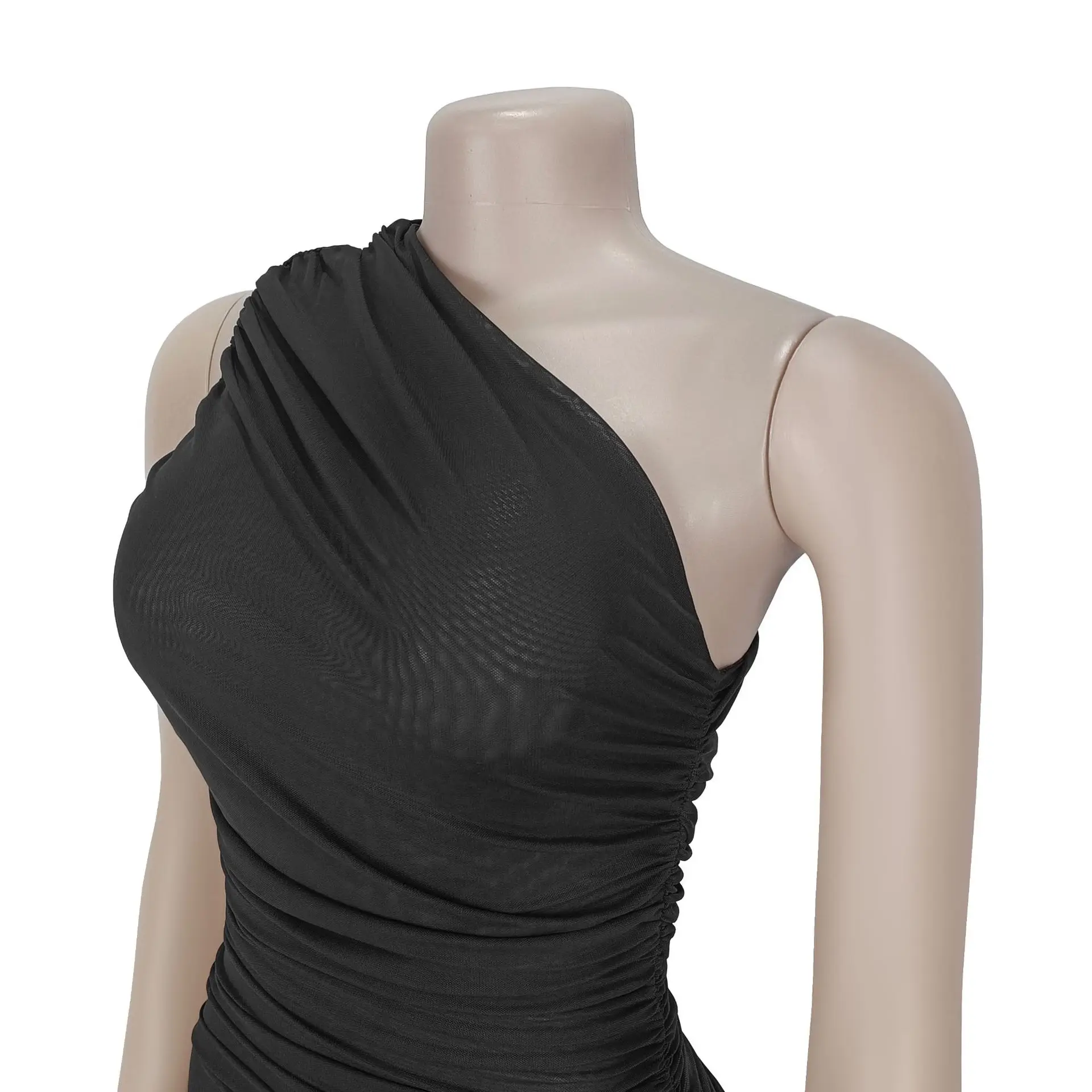 CM.YAYA Women Sleeveless Oblique Shoulder Mesh Ruched Long Maxi Dress 2025 Streetwear Evening Birthday Party Dresses Vestidos