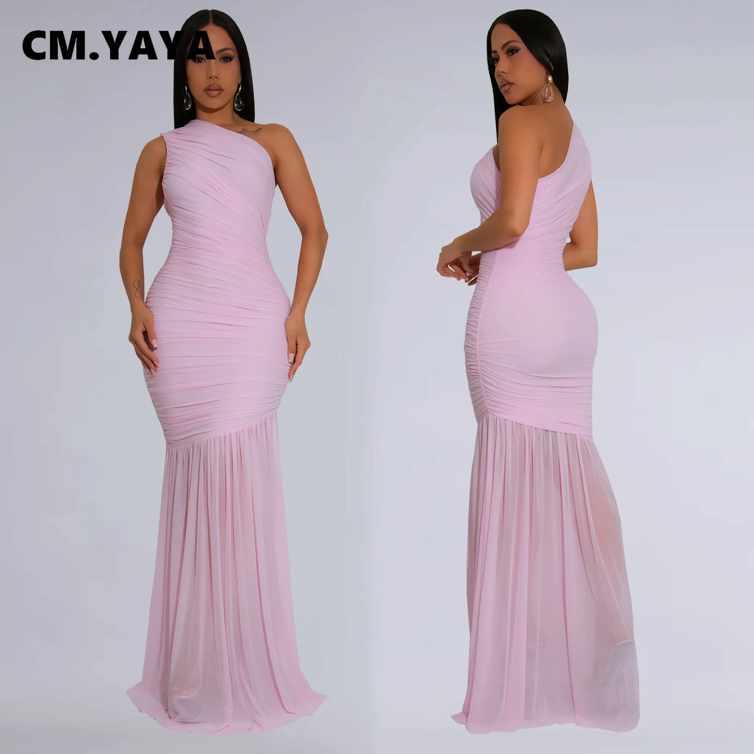 CM.YAYA Women Sleeveless Oblique Shoulder Mesh Ruched Long Maxi Dress 2025 Streetwear Evening Birthday Party Dresses Vestidos