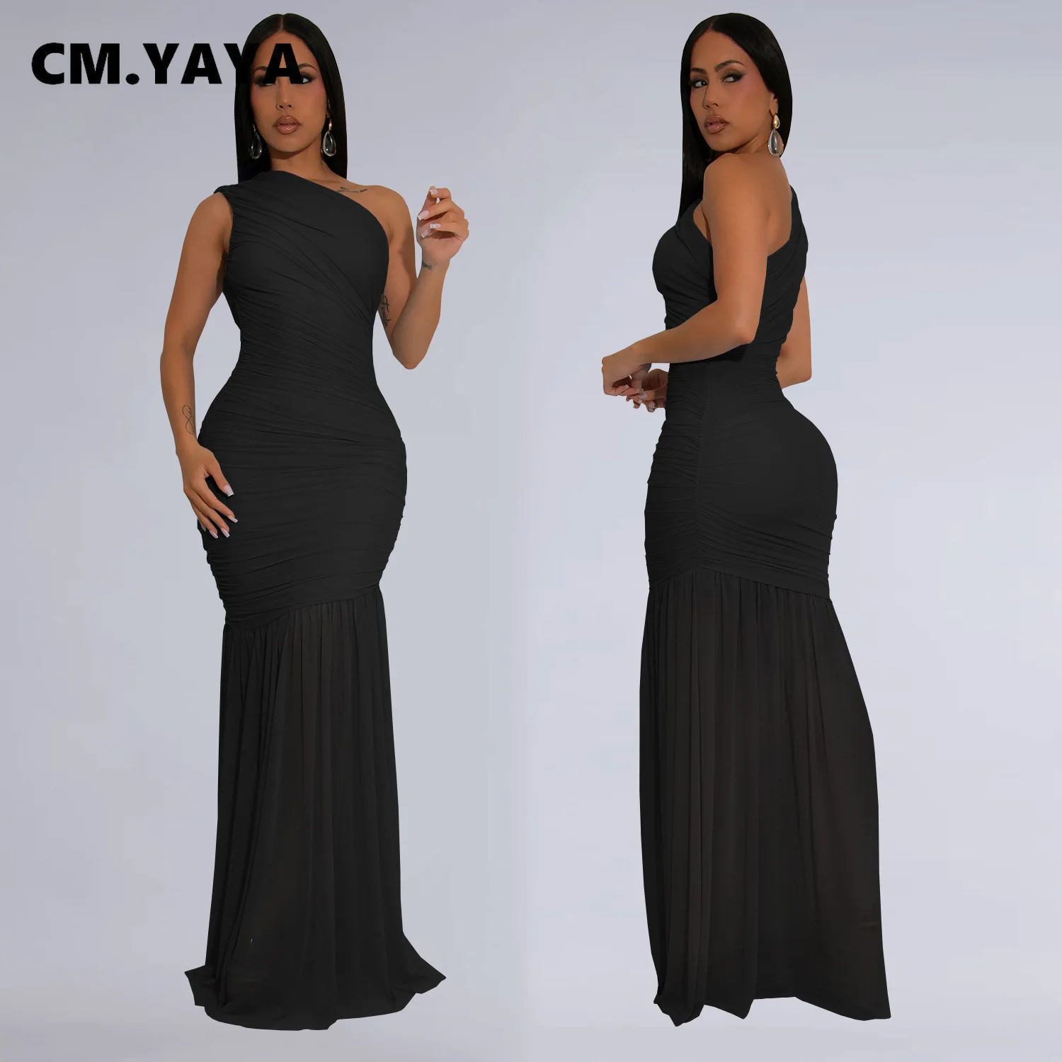 CM.YAYA Women Sleeveless Oblique Shoulder Mesh Ruched Long Maxi Dress 2025 Streetwear Evening Birthday Party Dresses Vestidos