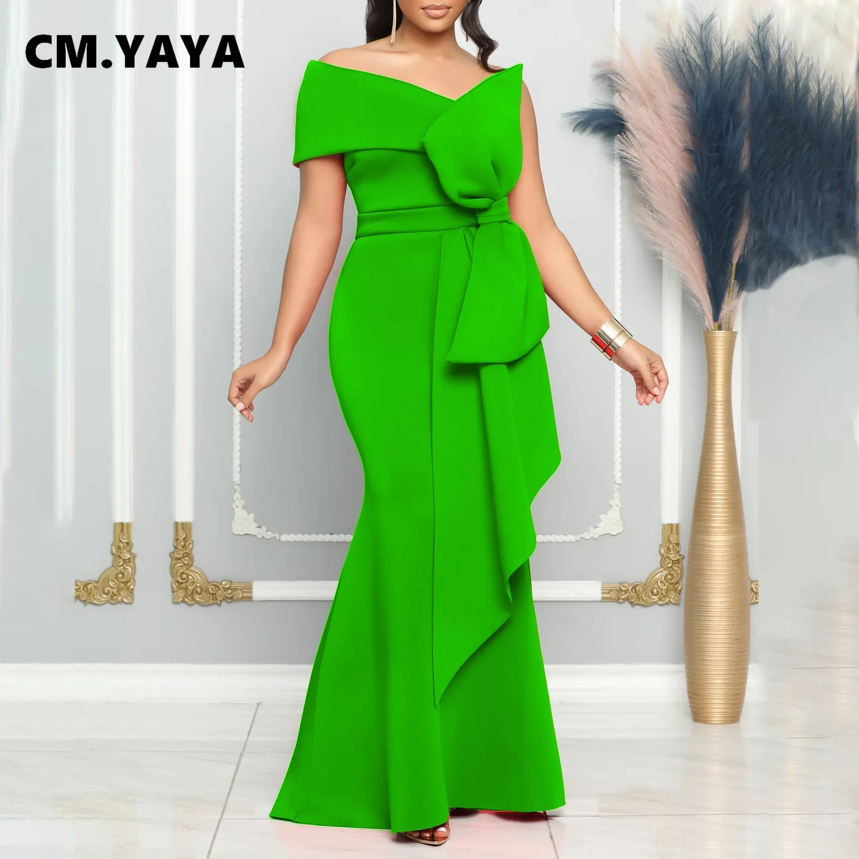 CM.YAYA Women Off Shoulder Big Bow Skew Neck Mermaid Maxi Dress Female 2024 Evening Birthday Sexy Night Party Club Long Dresses