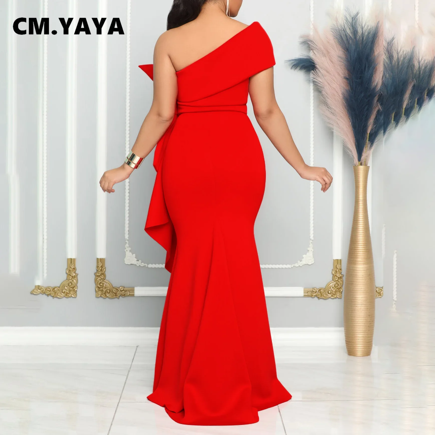 CM.YAYA Women Off Shoulder Big Bow Skew Neck Mermaid Maxi Dress Female 2024 Evening Birthday Sexy Night Party Club Long Dresses