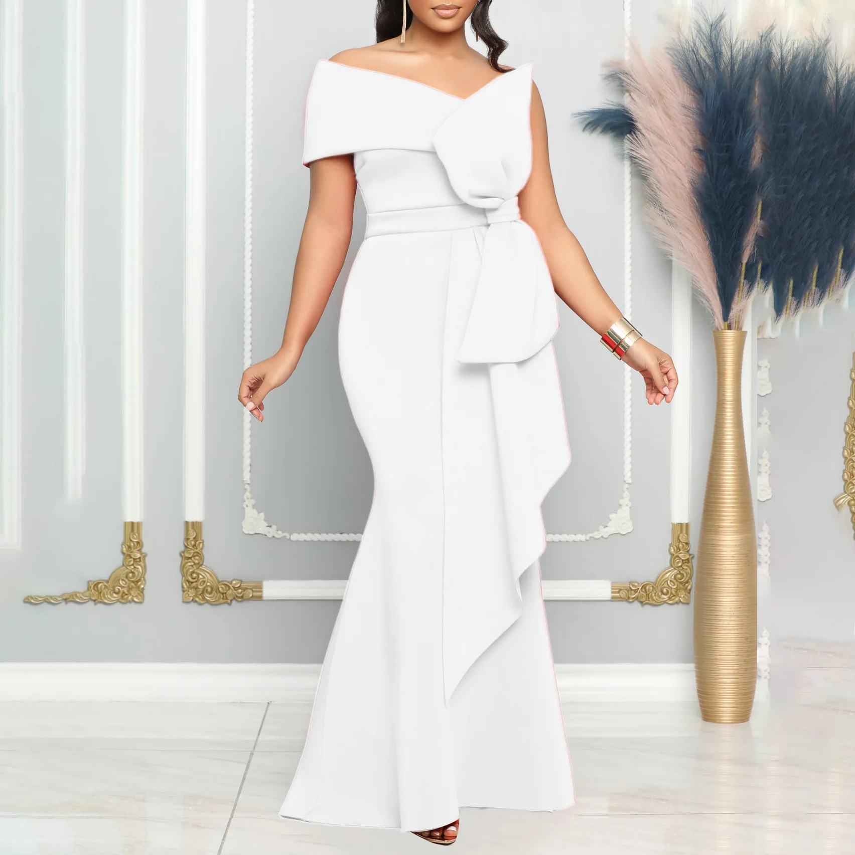 CM.YAYA Women Off Shoulder Big Bow Skew Neck Mermaid Maxi Dress Female 2024 Evening Birthday Sexy Night Party Club Long Dresses