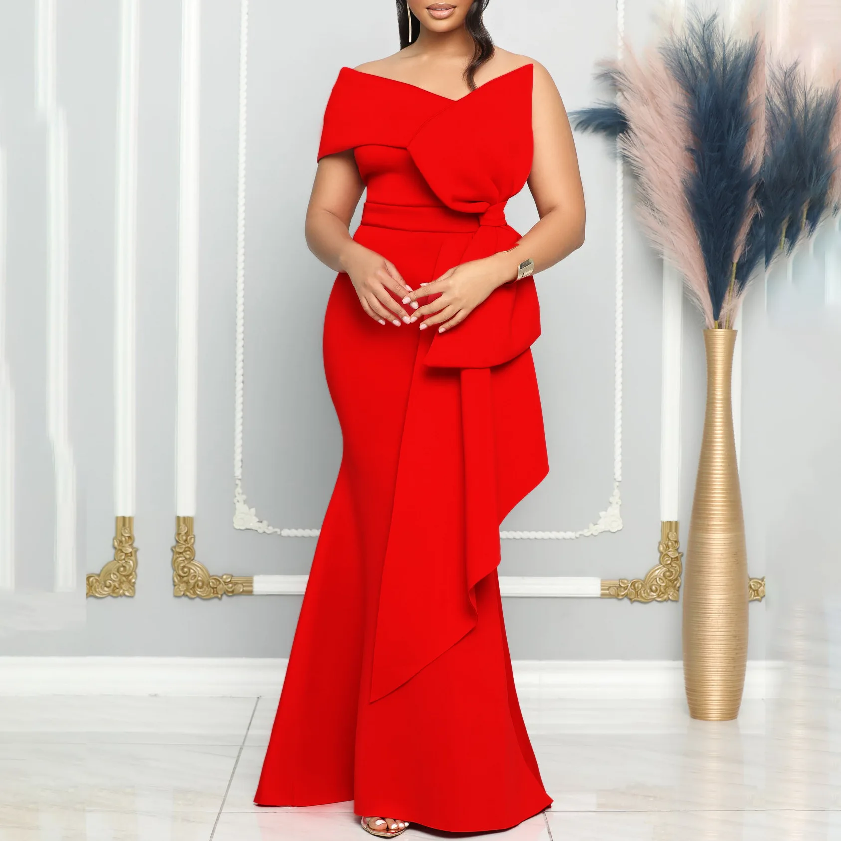 CM.YAYA Women Off Shoulder Big Bow Skew Neck Mermaid Maxi Dress Female 2024 Evening Birthday Sexy Night Party Club Long Dresses