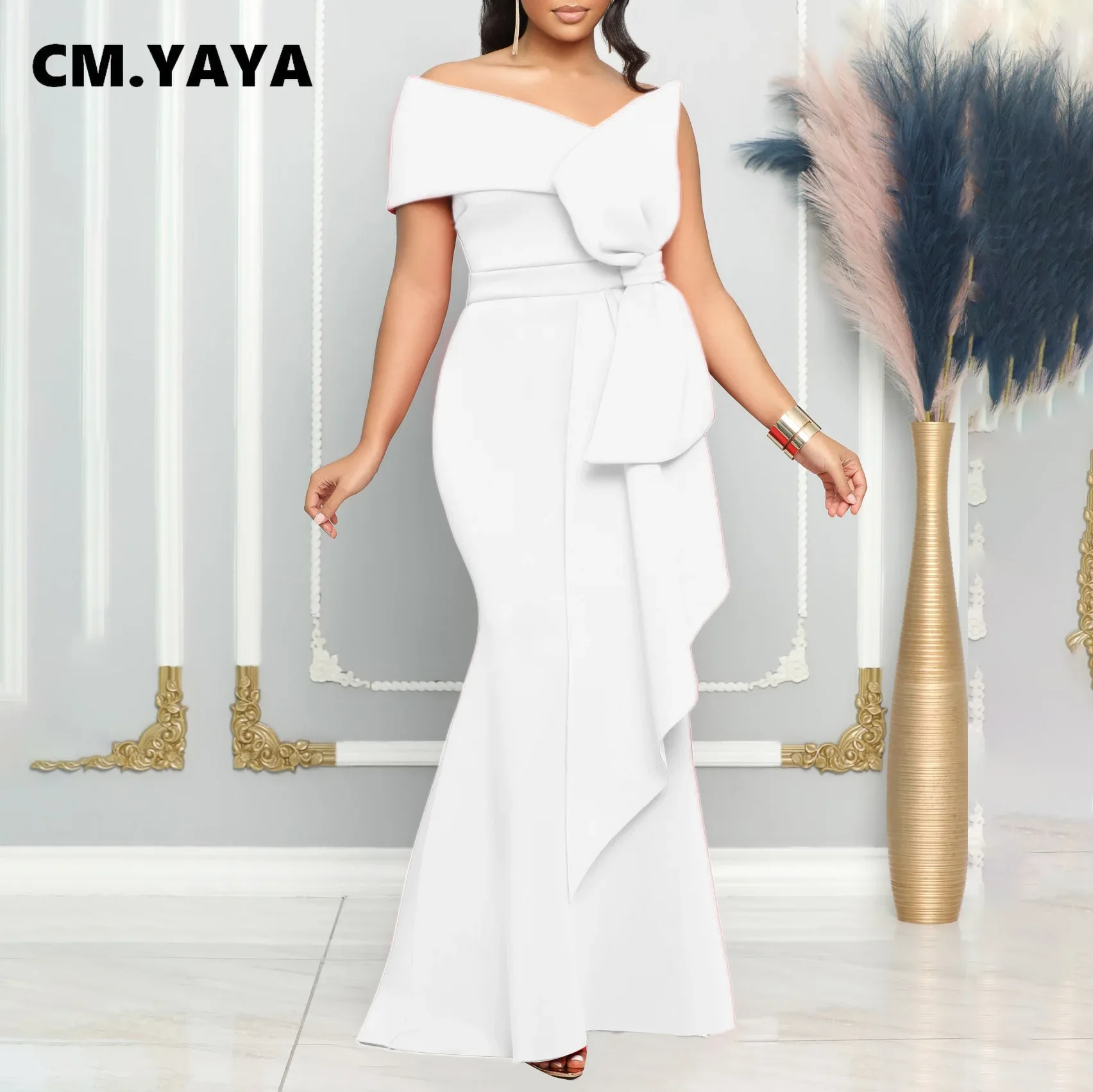 CM.YAYA Women Off Shoulder Big Bow Skew Neck Mermaid Maxi Dress Female 2024 Evening Birthday Sexy Night Party Club Long Dresses