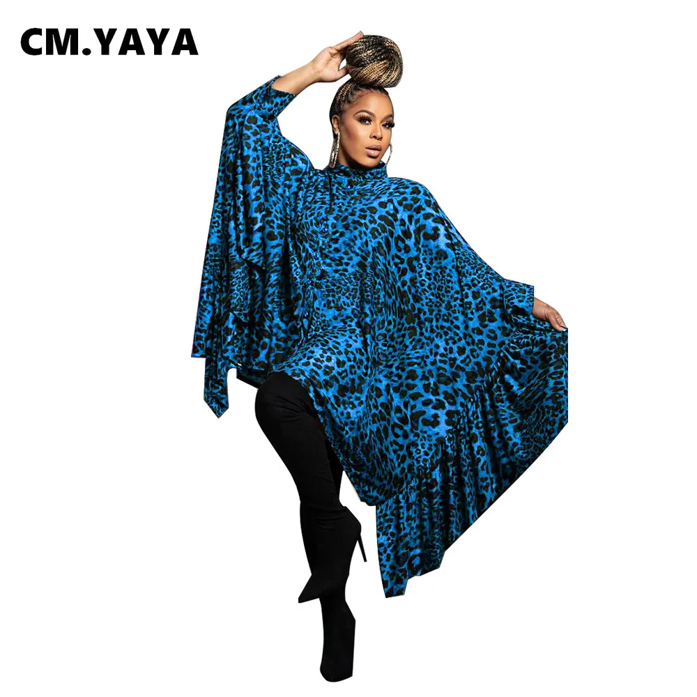 CM.YAYA Fashion Women Leopard Batwing Long Sleeve Button Front Stand Collar Dress 2023 Vintage Streetwear Loose Vestidos Dresses