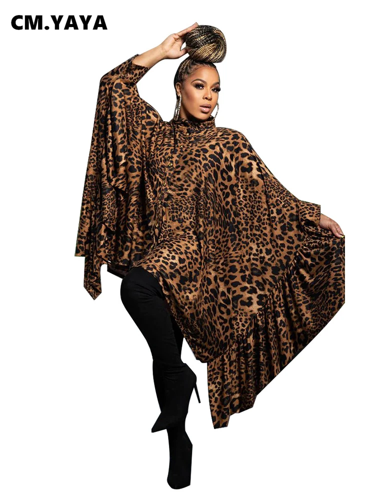 CM.YAYA Fashion Women Leopard Batwing Long Sleeve Button Front Stand Collar Dress 2023 Vintage Streetwear Loose Vestidos Dresses