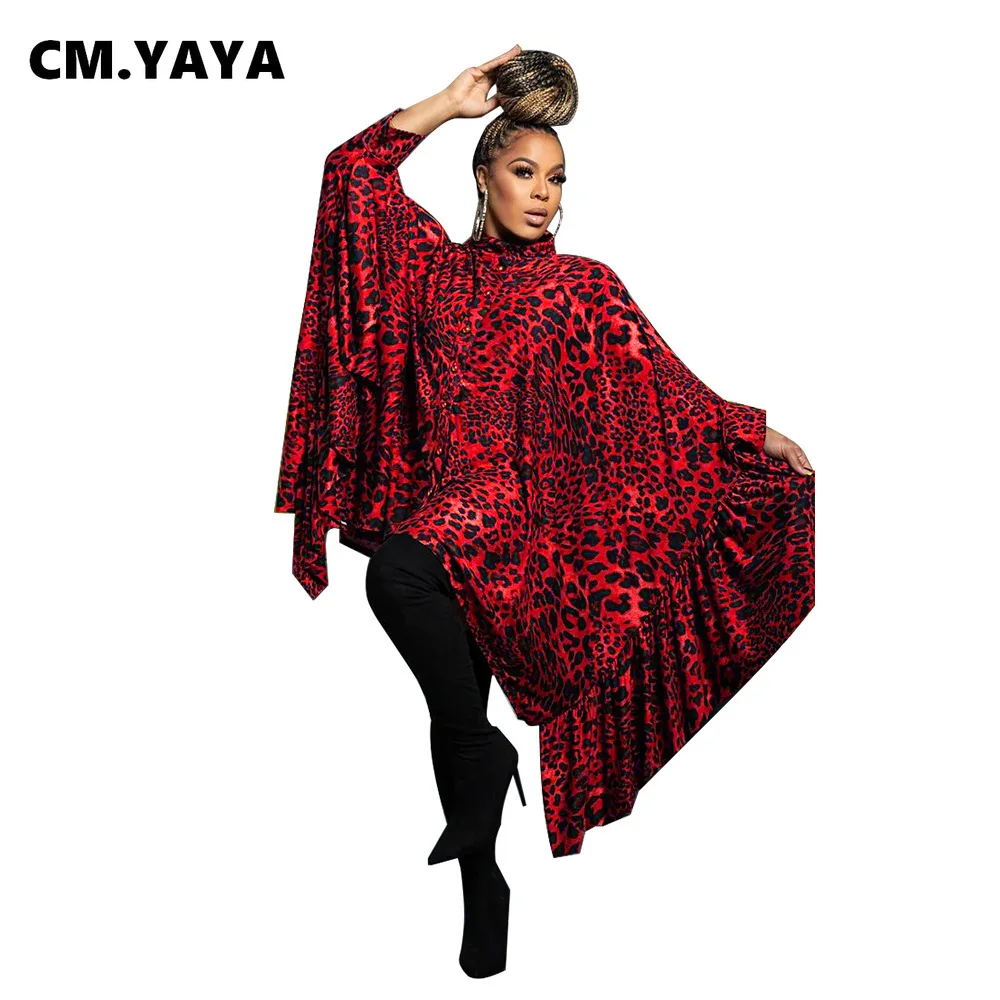 CM.YAYA Fashion Women Leopard Batwing Long Sleeve Button Front Stand Collar Dress 2023 Vintage Streetwear Loose Vestidos Dresses