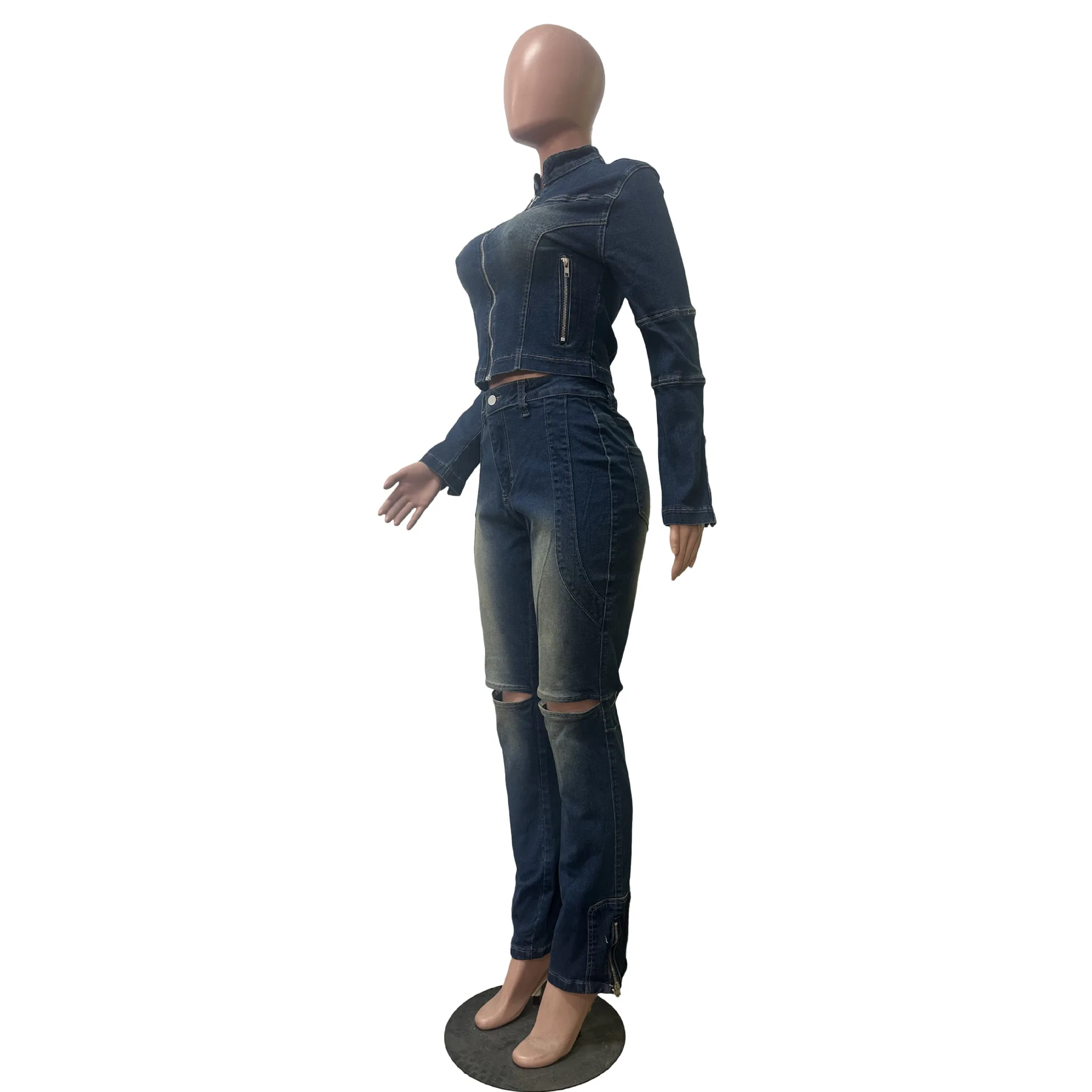 CM.YAYA Washed Denim Women's Set Full Sleeve Jacket and Long Jeans Pants Suit 2025 Fall Party Street Two 2 Piece Set Outfit