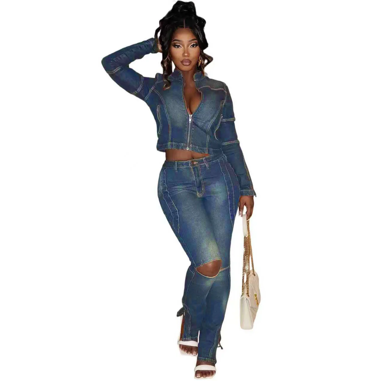 CM.YAYA Washed Denim Women's Set Full Sleeve Jacket and Long Jeans Pants Suit 2025 Fall Party Street Two 2 Piece Set Outfit