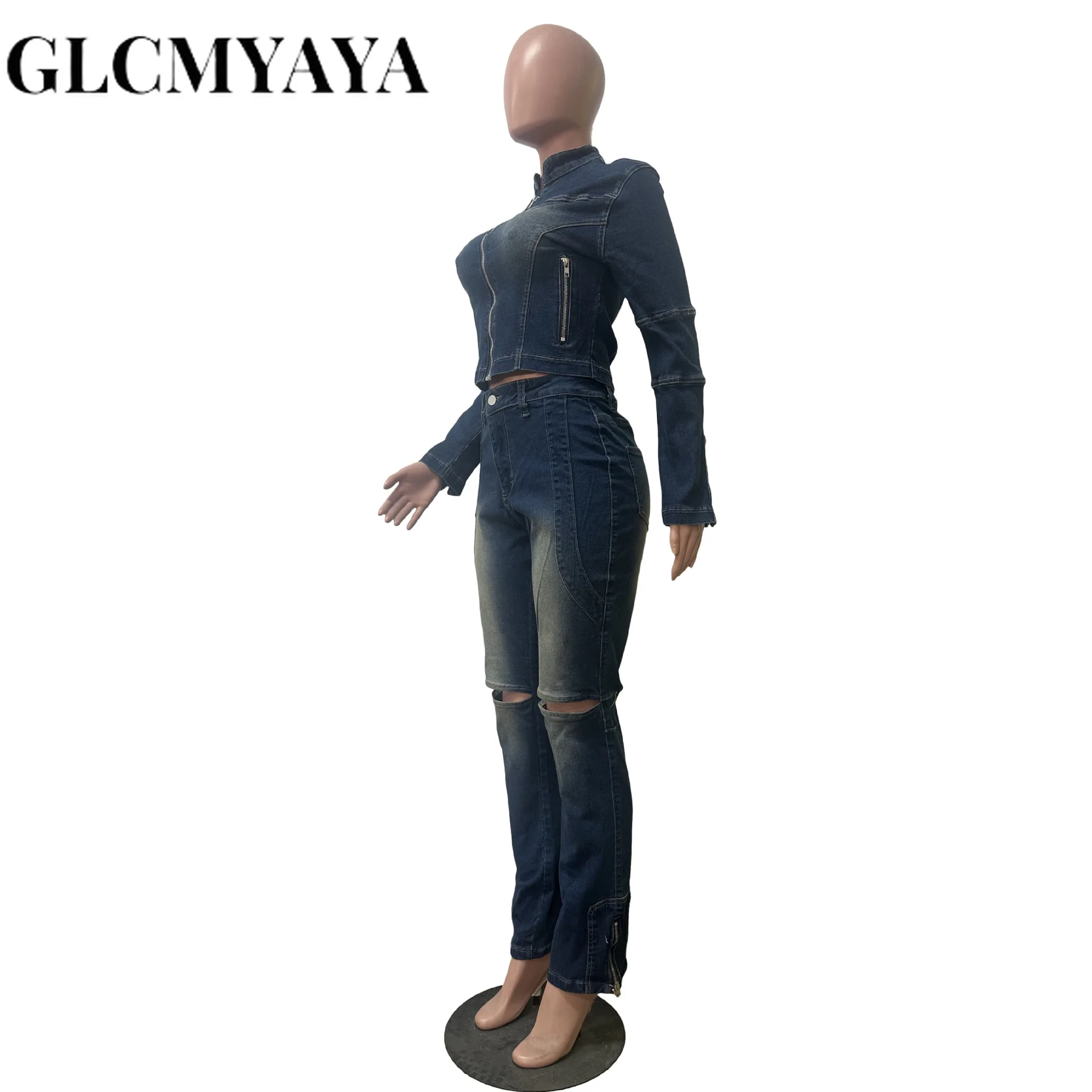 CM.YAYA Washed Denim Women's Set Full Sleeve Jacket and Long Jeans Pants Suit 2025 Fall Party Street Two 2 Piece Set Outfit