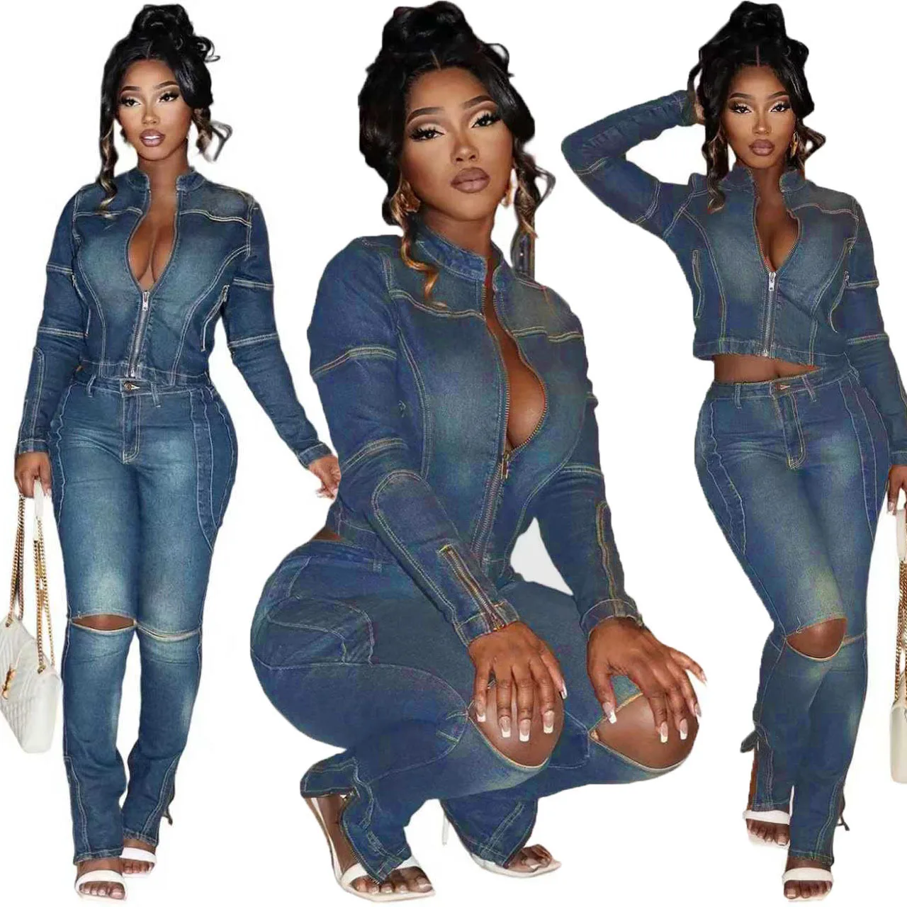 CM.YAYA Washed Denim Women's Set Full Sleeve Jacket and Long Jeans Pants Suit 2025 Fall Party Street Two 2 Piece Set Outfit