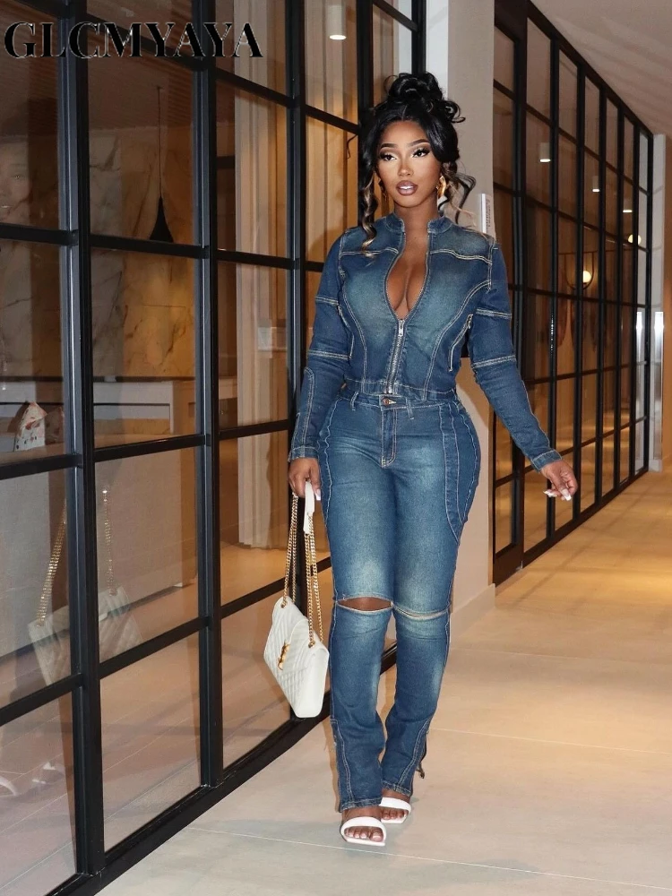 CM.YAYA Washed Denim Women's Set Full Sleeve Jacket and Long Jeans Pants Suit 2025 Fall Party Street Two 2 Piece Set Outfit