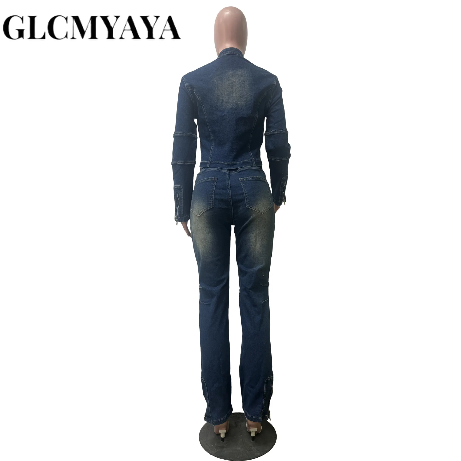 CM.YAYA Washed Denim Women's Set Full Sleeve Jacket and Long Jeans Pants Suit 2025 Fall Party Street Two 2 Piece Set Outfit