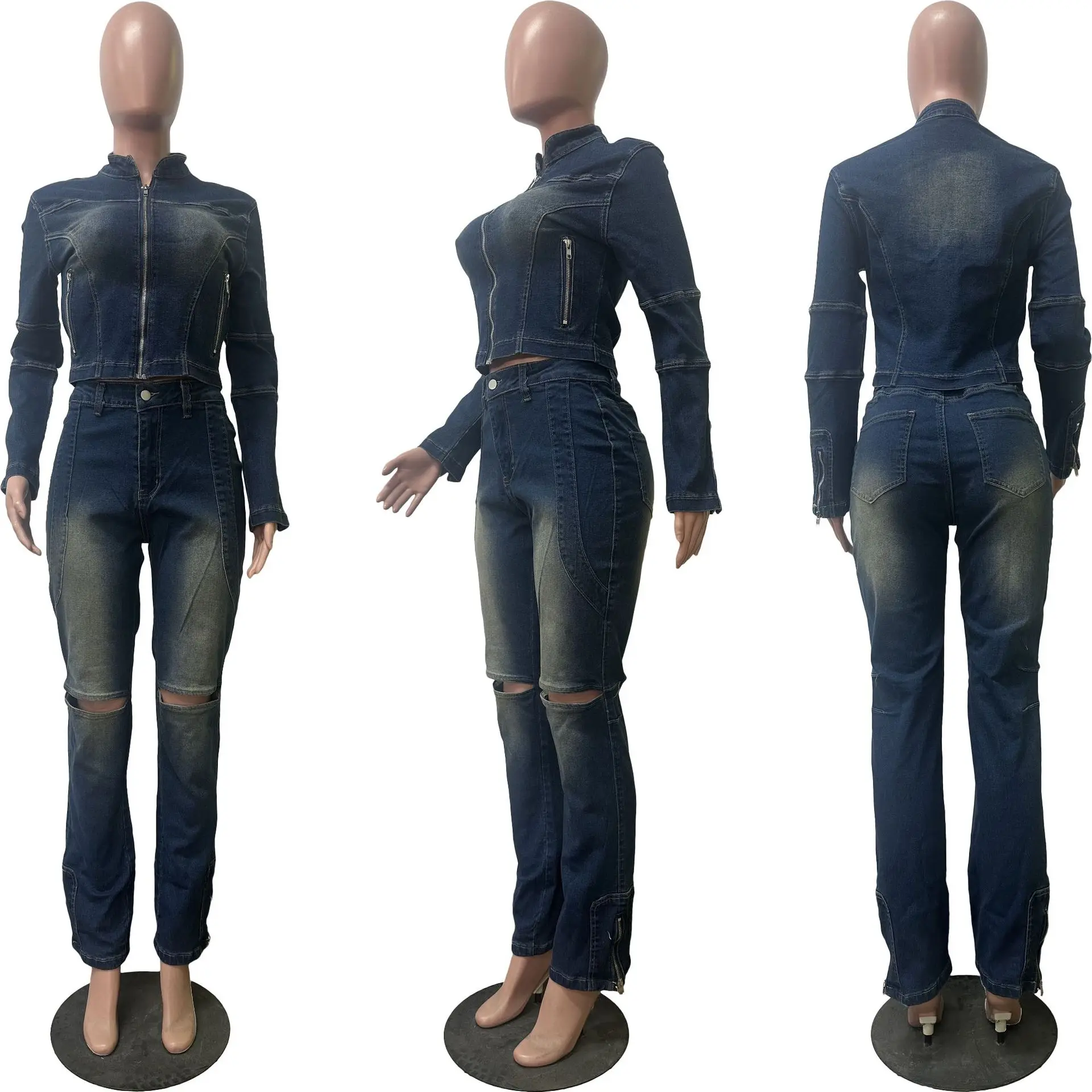 CM.YAYA Washed Denim Women's Set Full Sleeve Jacket and Long Jeans Pants Suit 2025 Fall Party Street Two 2 Piece Set Outfit