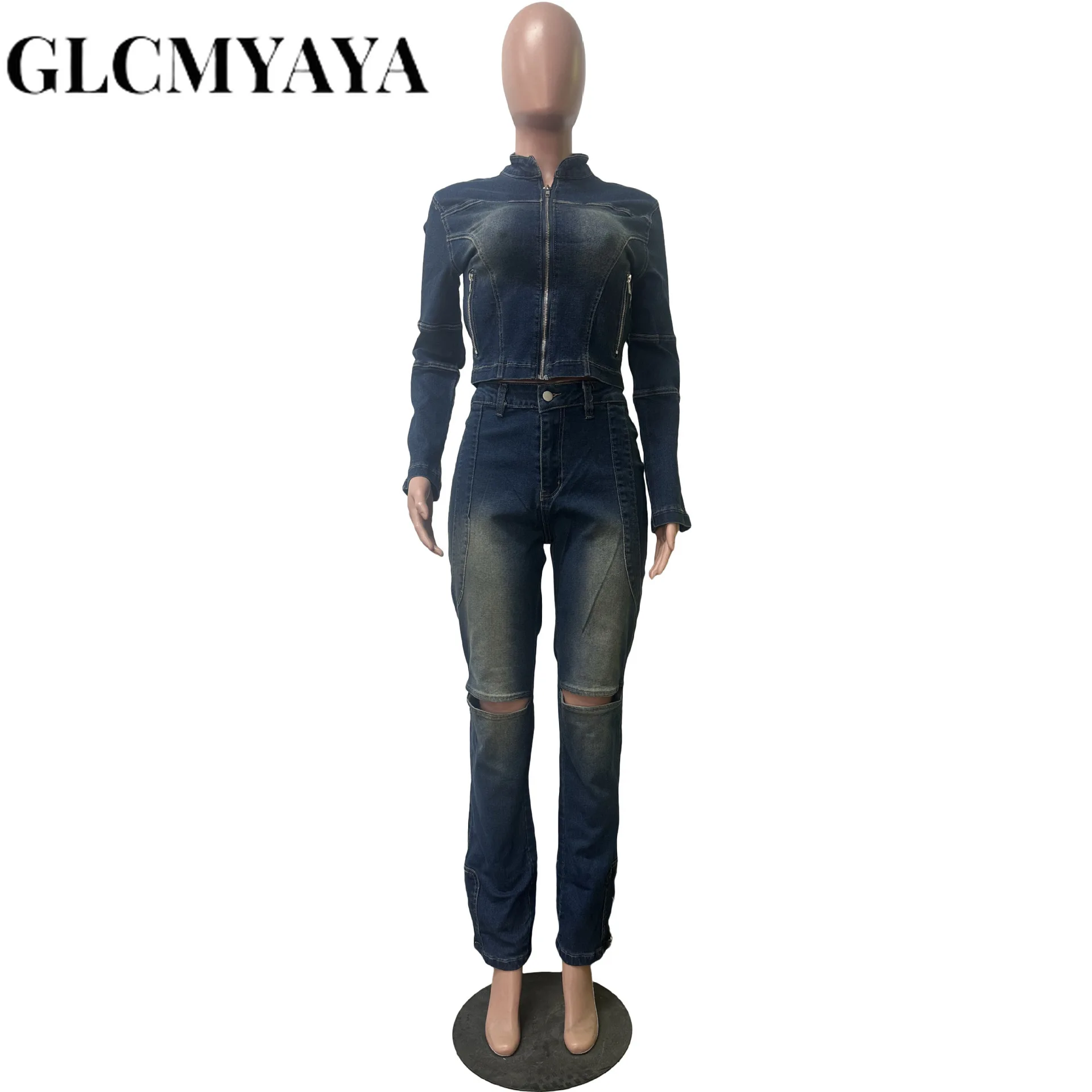 CM.YAYA Washed Denim Women's Set Full Sleeve Jacket and Long Jeans Pants Suit 2025 Fall Party Street Two 2 Piece Set Outfit